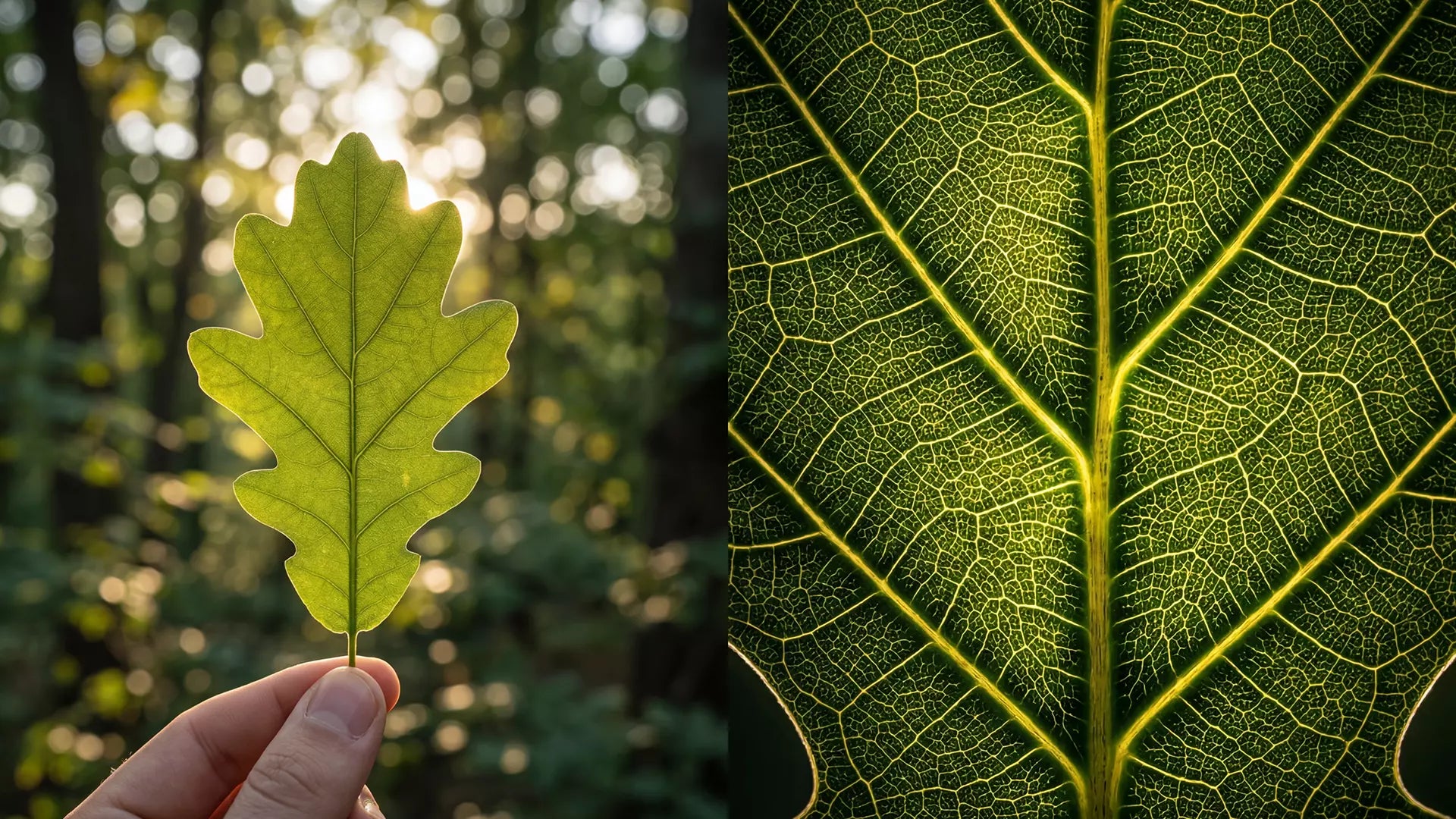 Side-by-side view of a backlit oak leaf and its microscopic vein structure at 400x magnification.