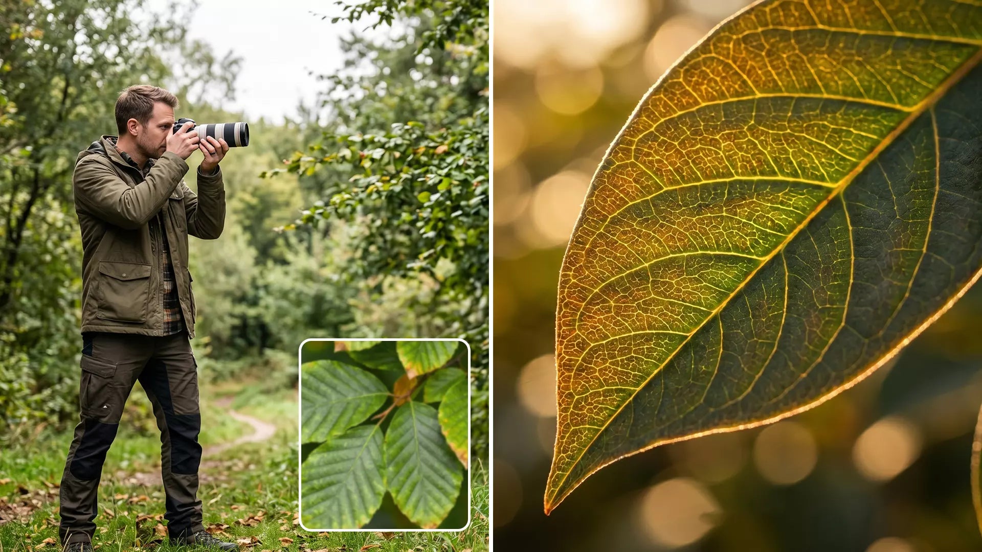 Comparison of professional macro nature photography results showing intricate leaf texture captured by MicroCam X1 versus standard camera shots.