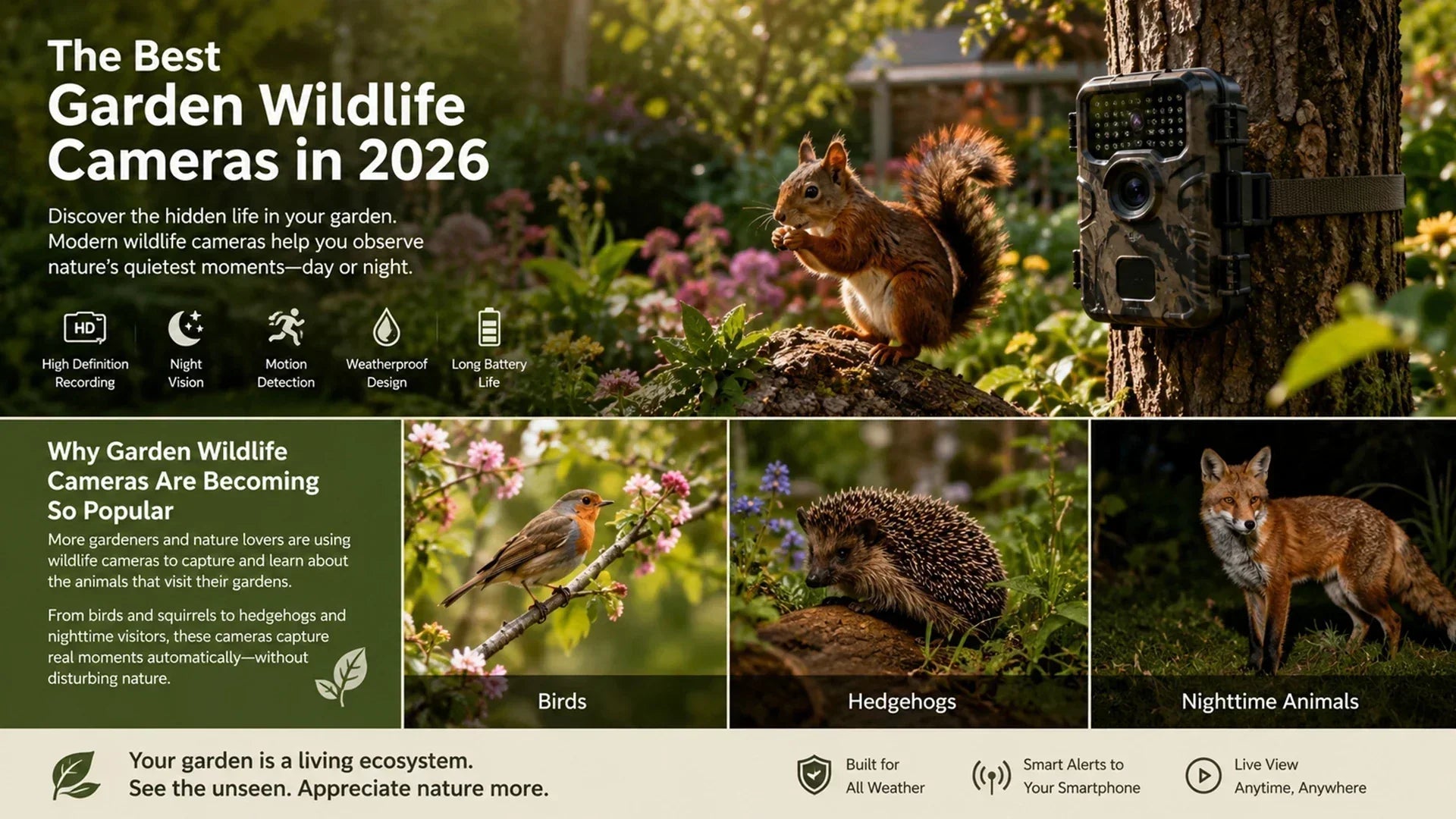 Wildlife camera for garden capturing outdoor animals like squirrels, birds, and hedgehogs.