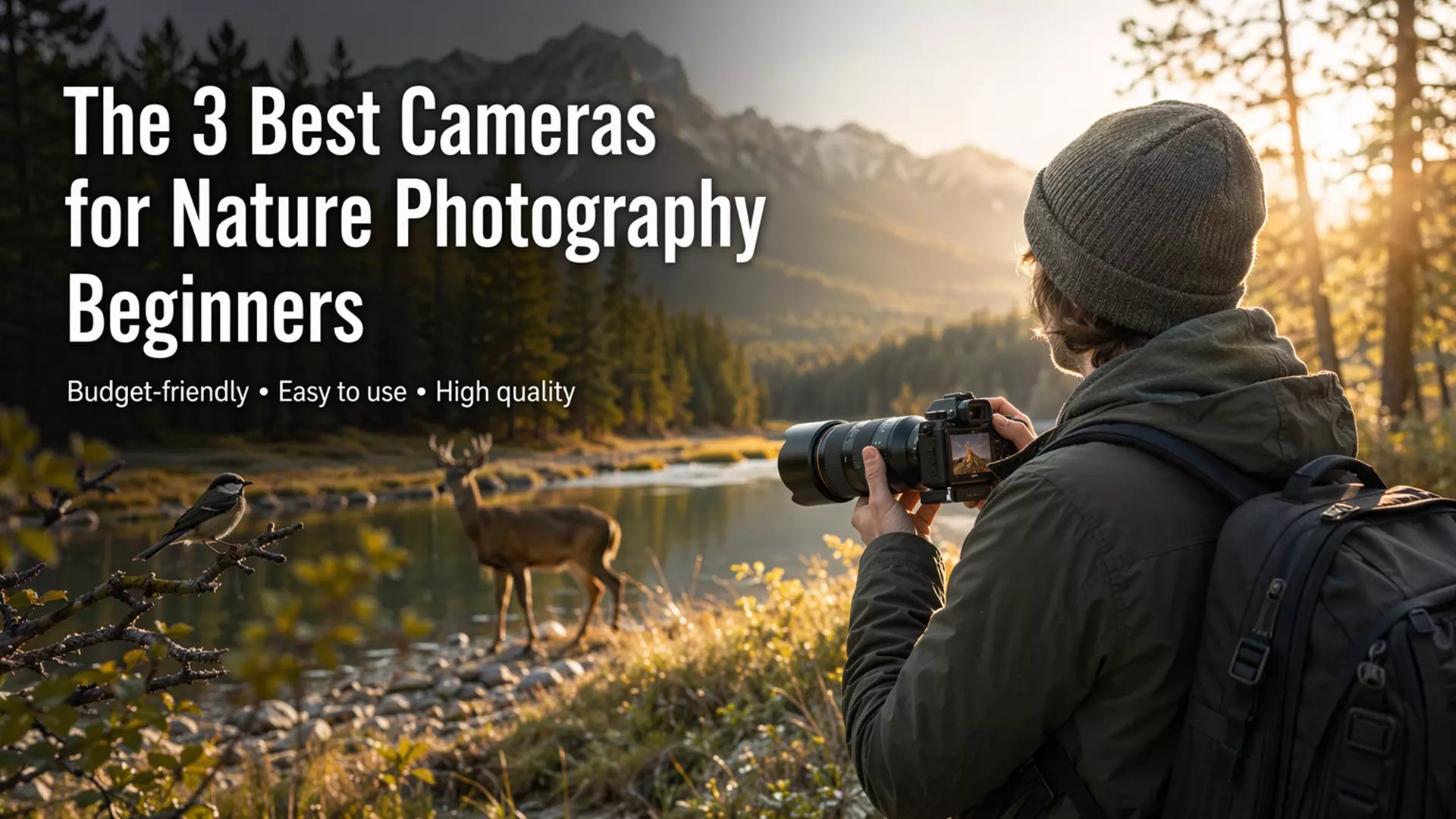 A photographer using a DSLR camera on a tripod for outdoor nature and wildlife photography.