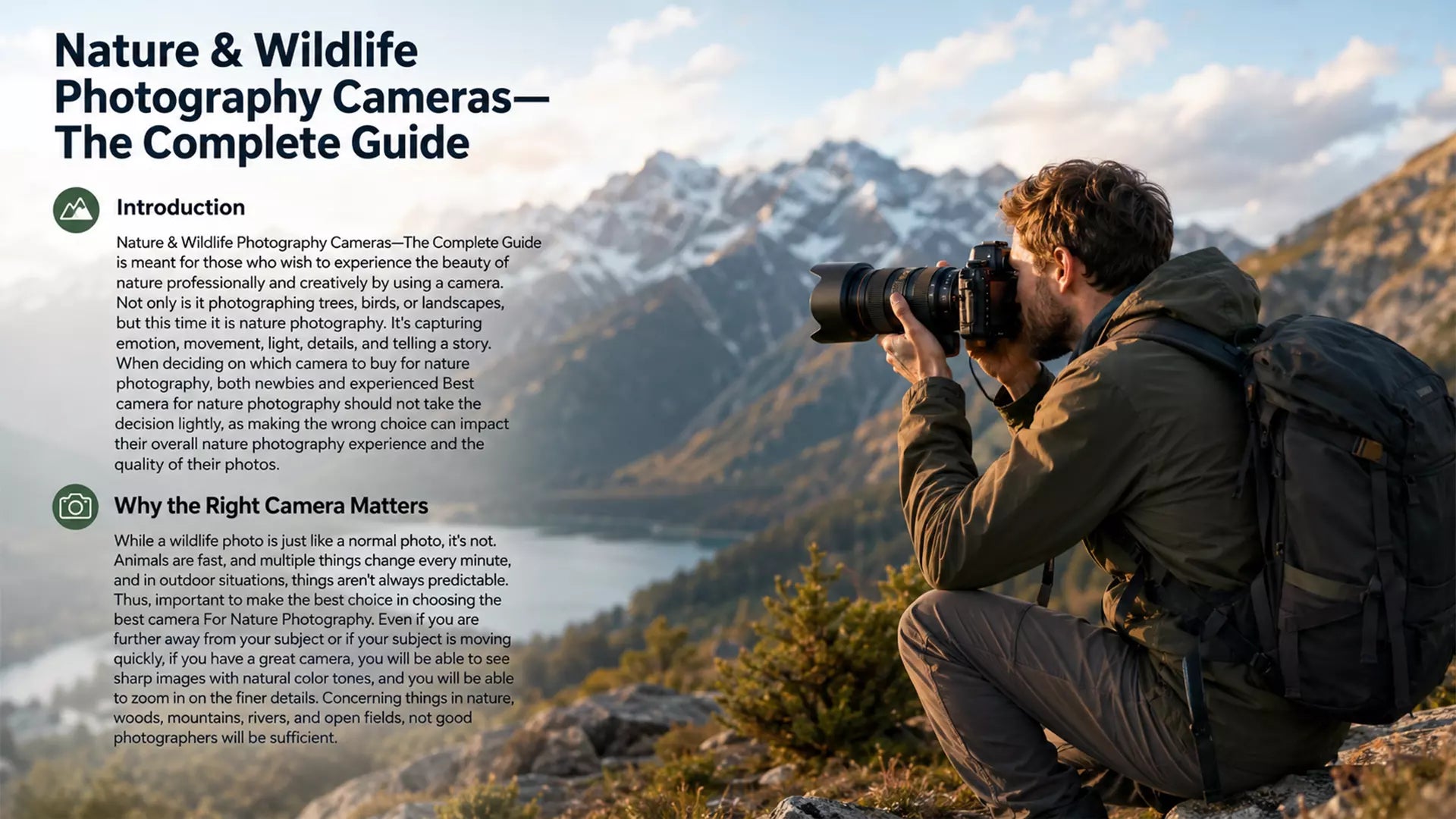 A photographer with a backpack taking photos of scenic mountains and lakes using a wildlife camera
