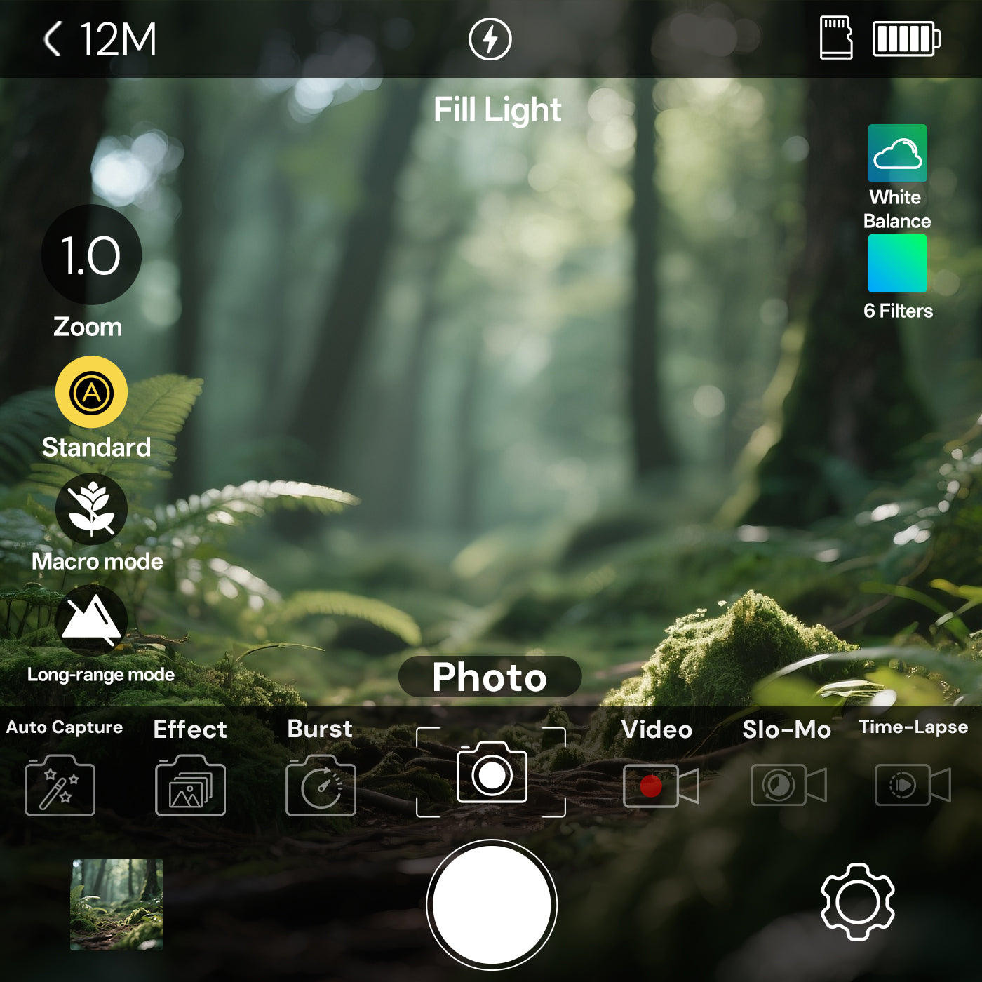 Camera interface overlay on a forest background with various settings displayed.