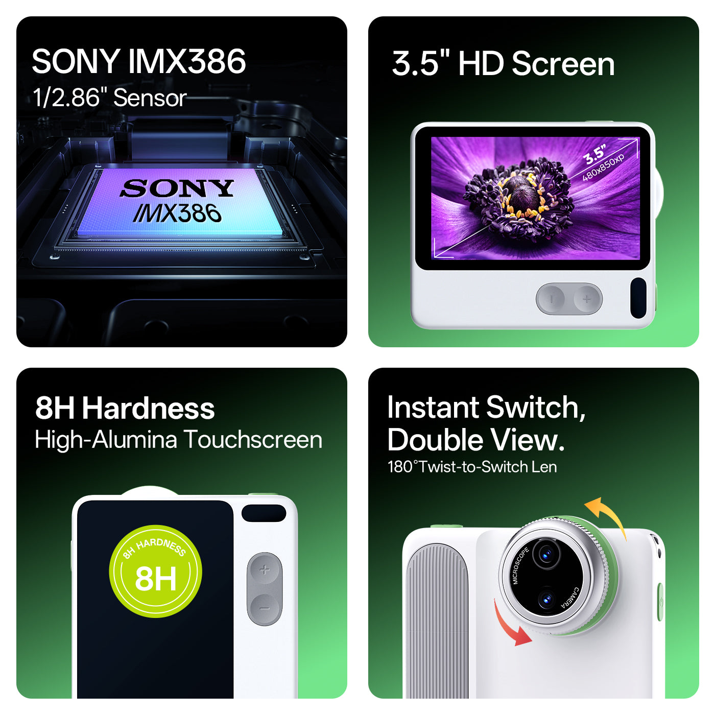 Product features including Sony IMX386 sensor, 3.5" HD screen, 8H hardness touchscreen, and instant switch with double view.