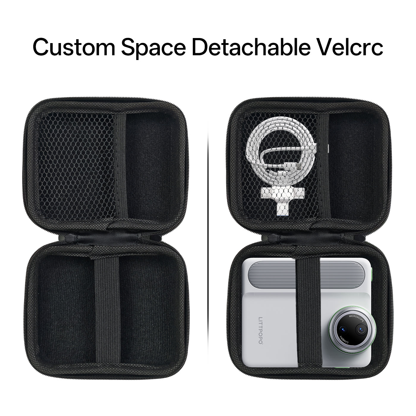 Black travel case with a custom space detachable Velcro feature, containing a camera and cable.