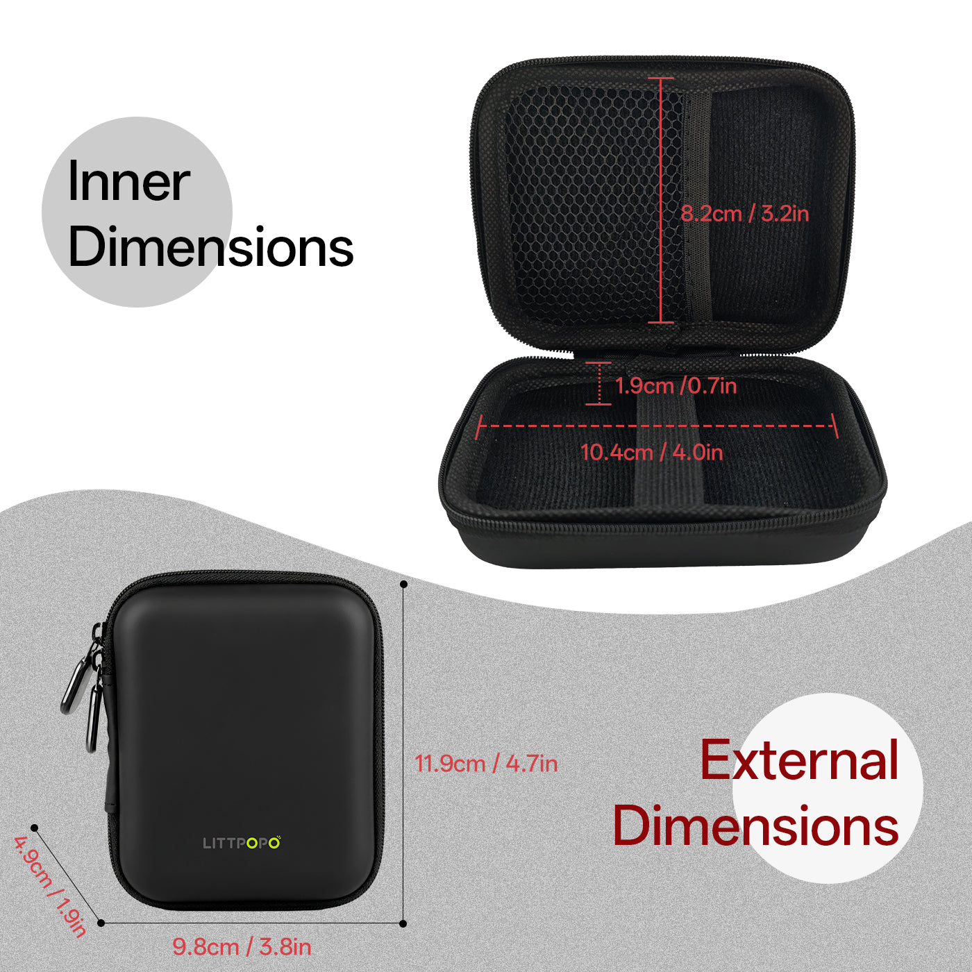Black hard-shell travel case with dimensions labeled on a gray background