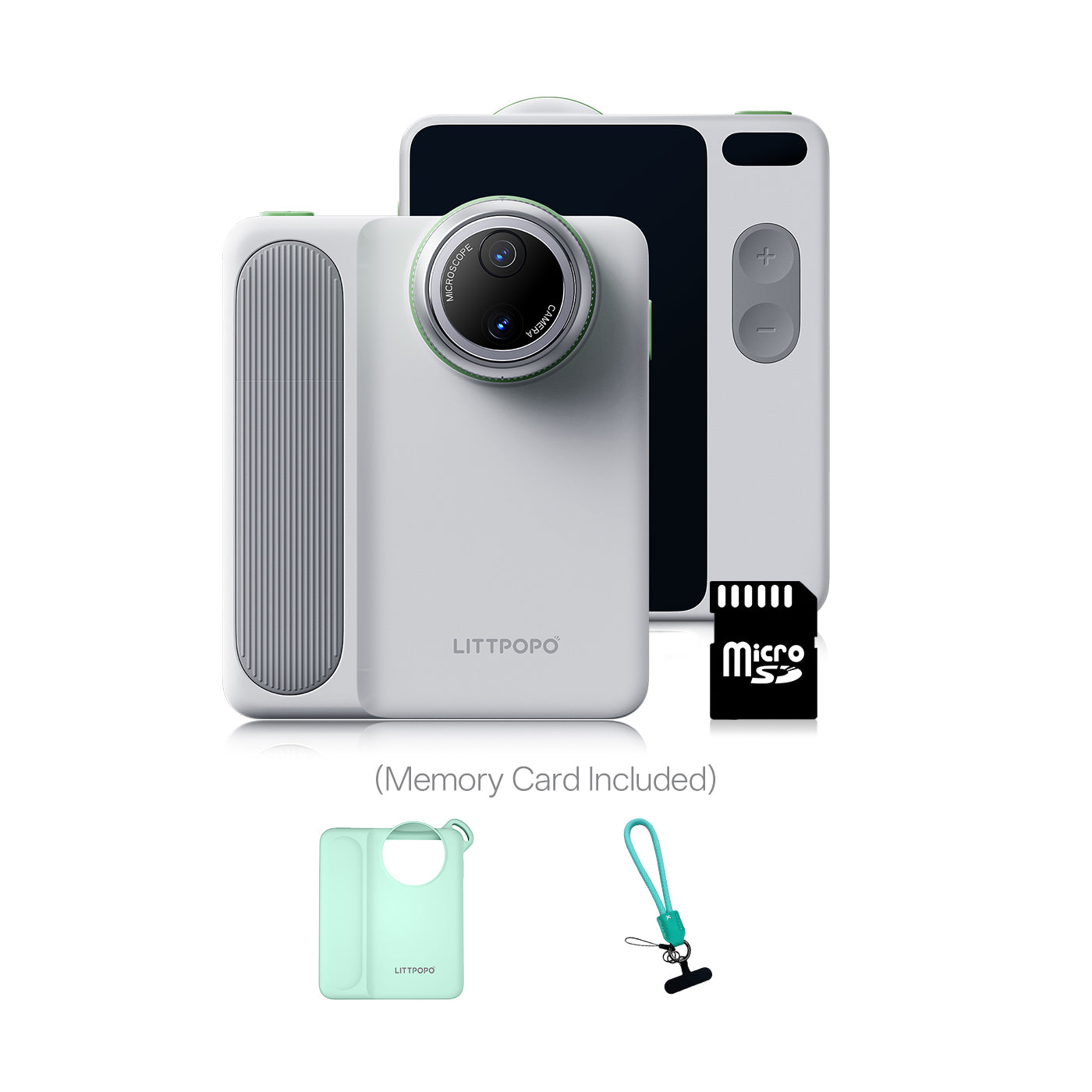 Littpopo microscope camera with accessories including a microSD card, case, and lanyard on a white background.