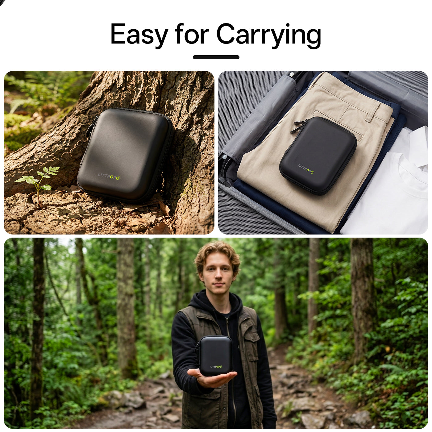 Black portable device in various settings with text 'Easy for Carrying'.