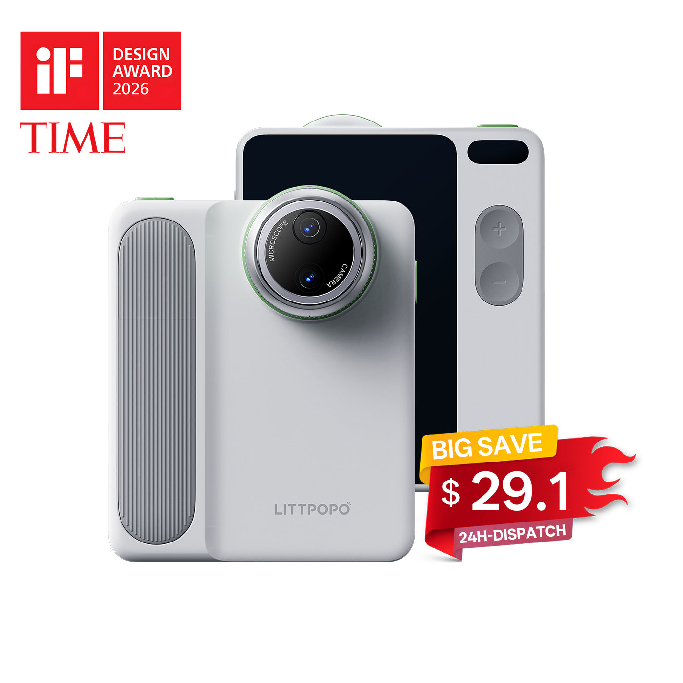 Littpopo microscope camera with TIME and iF Design Award logos, and promotional text on a white background.