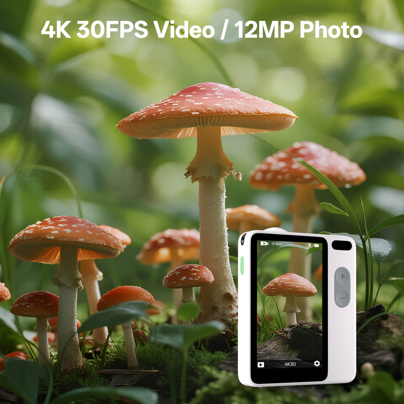 Smartphone capturing a photo of mushrooms with text about video and photo capabilities.