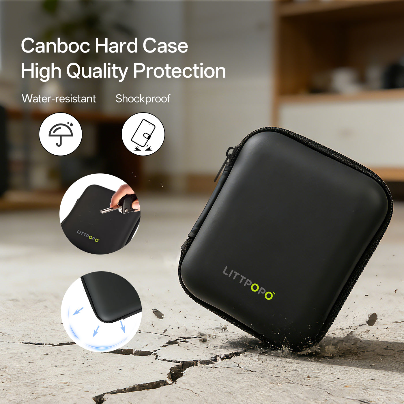 Black hard case with Littro branding on a textured surface, featuring icons indicating water-resistant and shockproof properties.