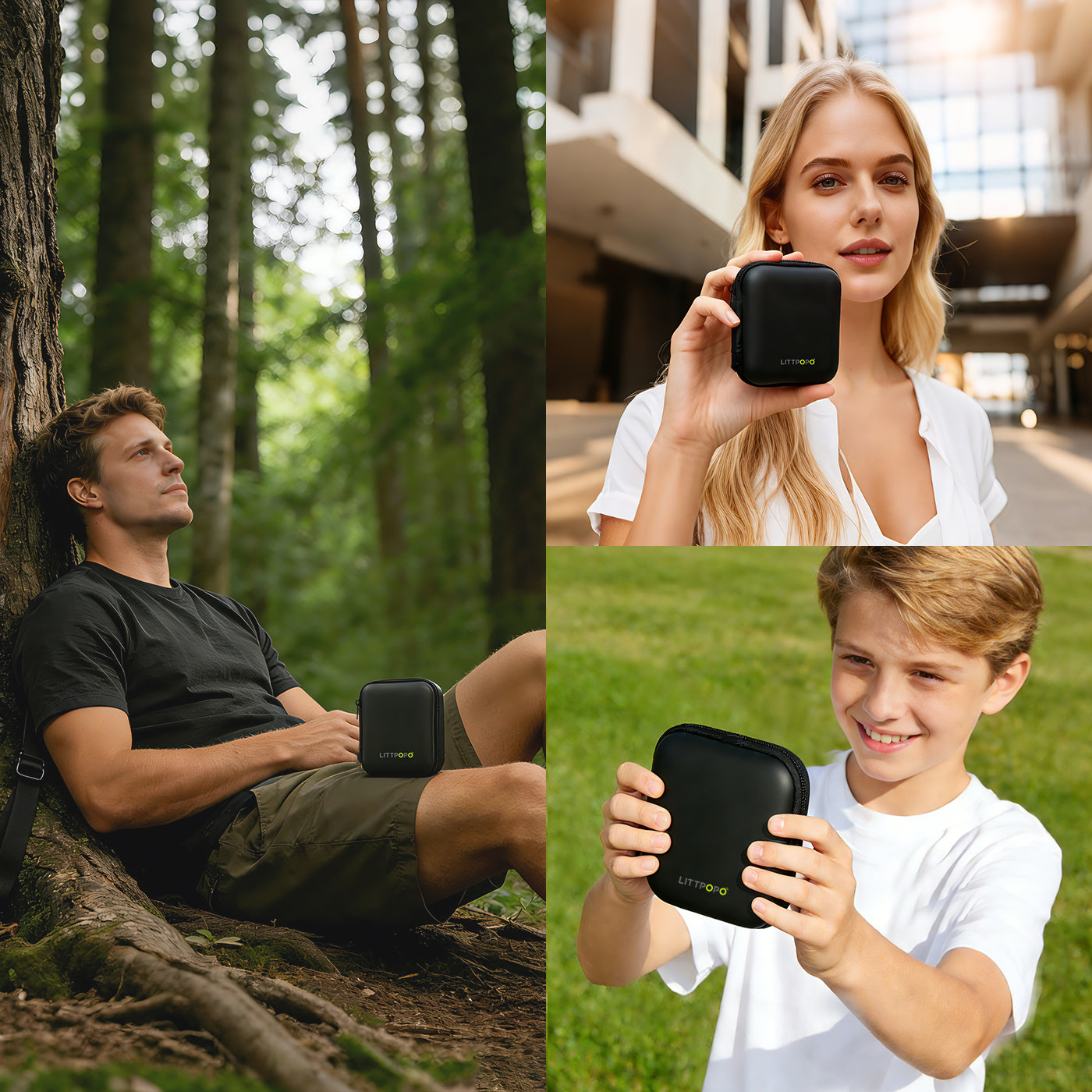 Three people using a portable device in different settings: forest, urban, and grassy area.