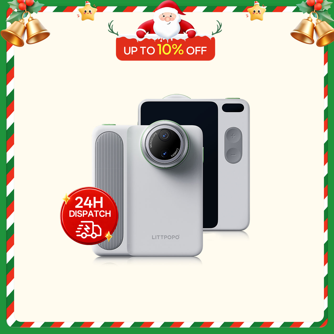 White camera device with promotional text and graphics on a white background