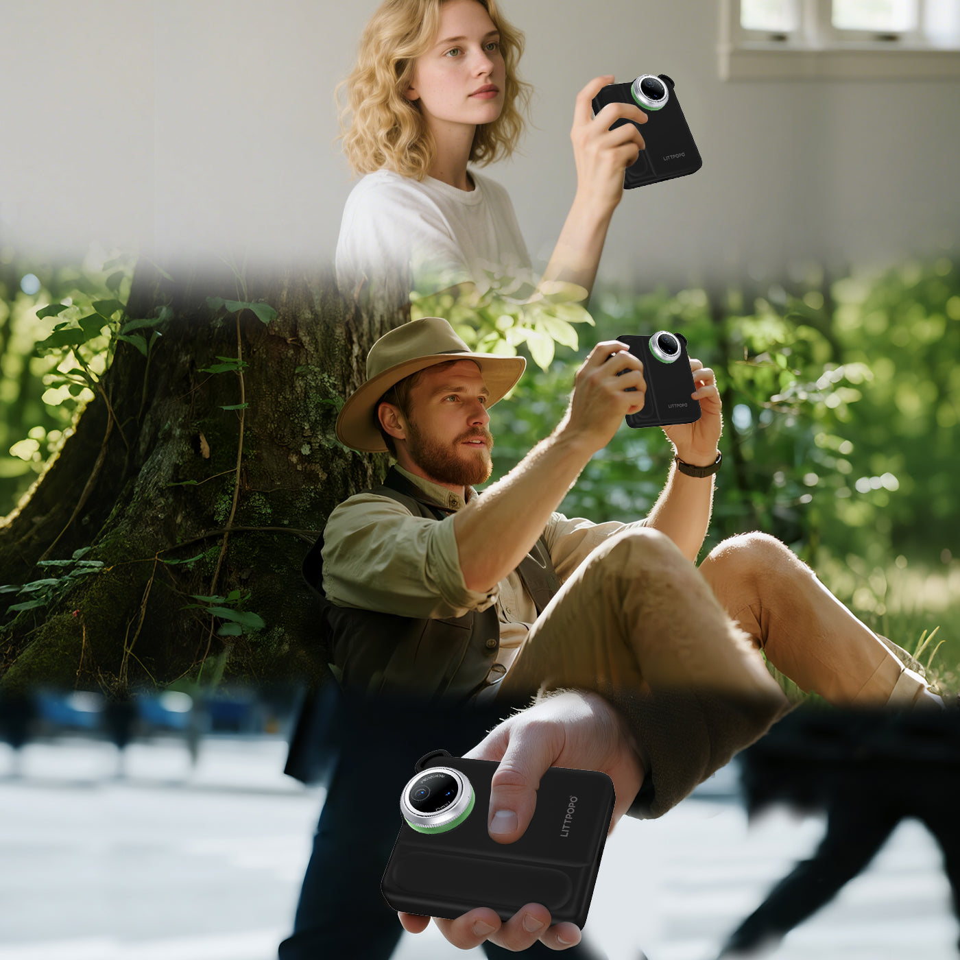 Two people holding small cameras in an outdoor setting with greenery.