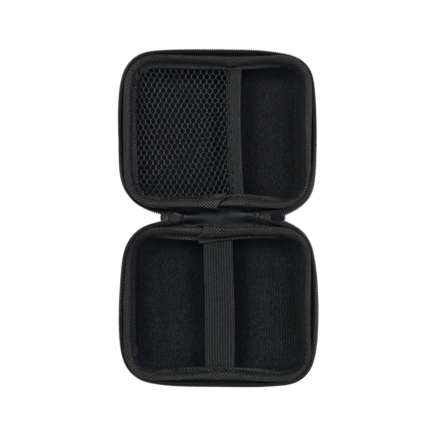 Black travel case with mesh pocket on a white background