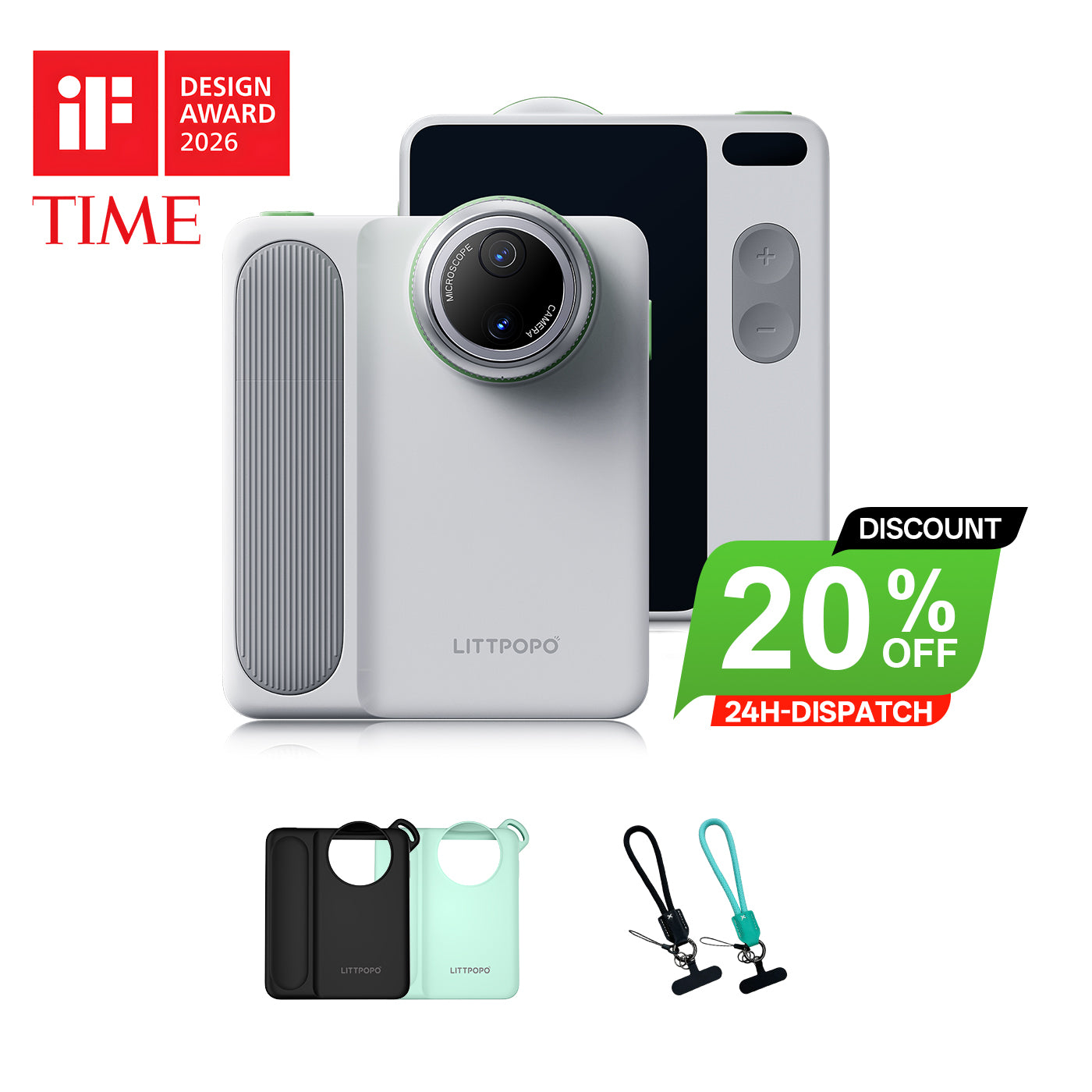 Camera device with accessories and promotional text on a white background