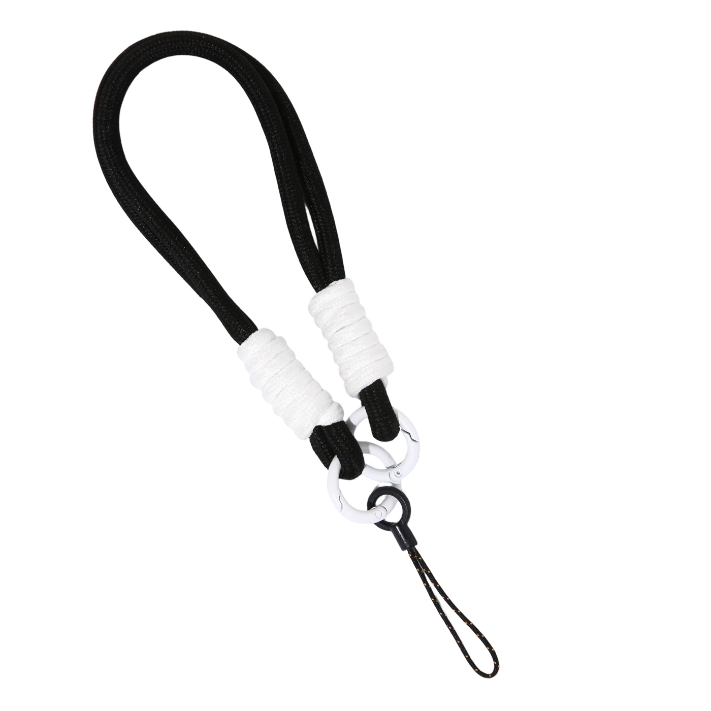 Black lanyard with white connectors on a white background