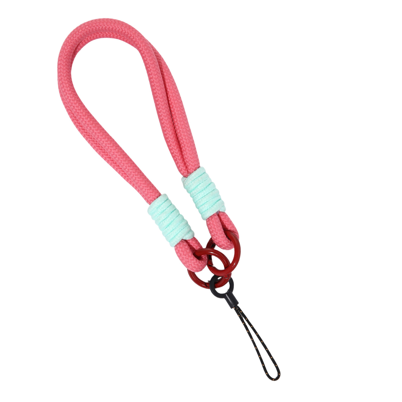 Pink lanyard with a red and black clip on a white background