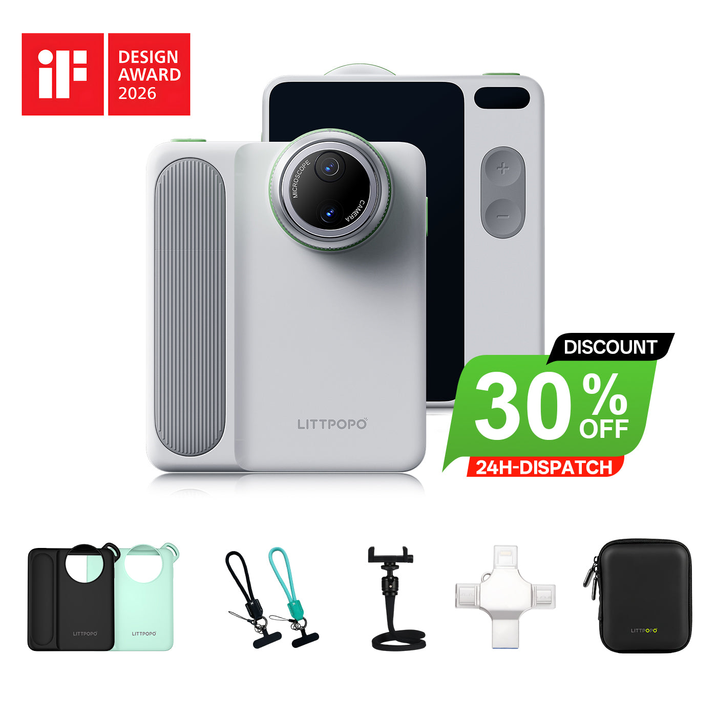 Littpopo MicroCam X1 deluxe exploration kit with a 30% off discount badge, showcasing the microscope camera alongside three colorful cases, lanyards, a tripod mount, a USB card reader, and a travel pouch.
