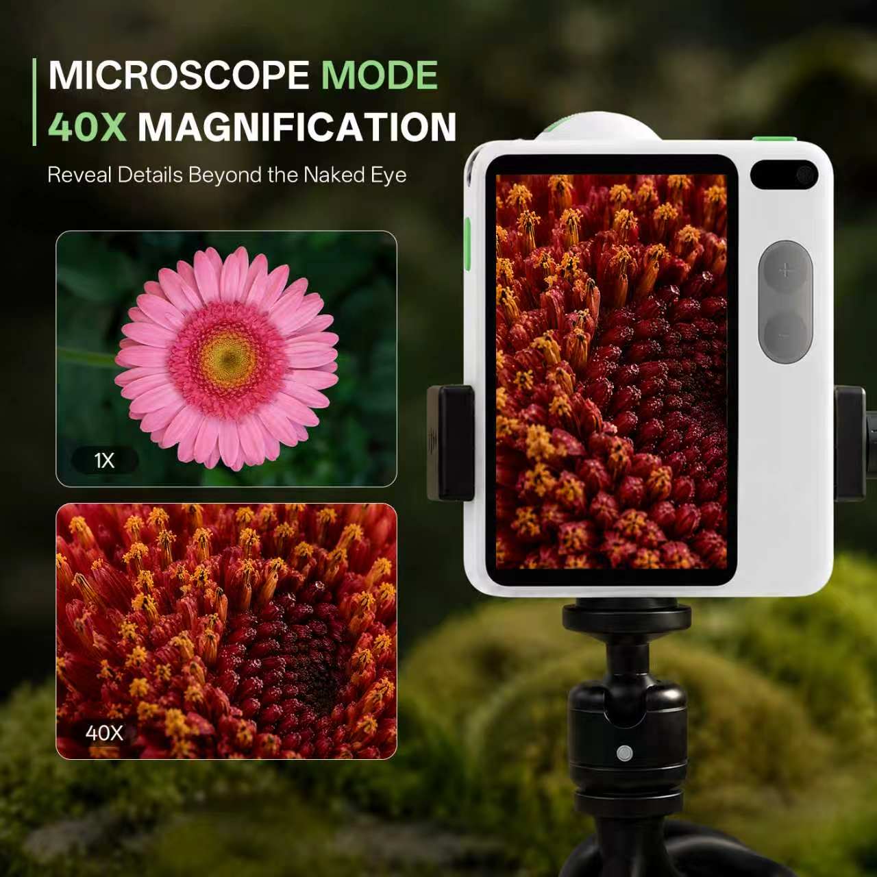 A white handheld microscope camera on a tripod, shown with text reading 'MICROSCOPE MODE 40X MAGNIFICATION' and two inset flower close-ups demonstrating the 40x view versus 1x view. The background is a blurred green outdoor setting.