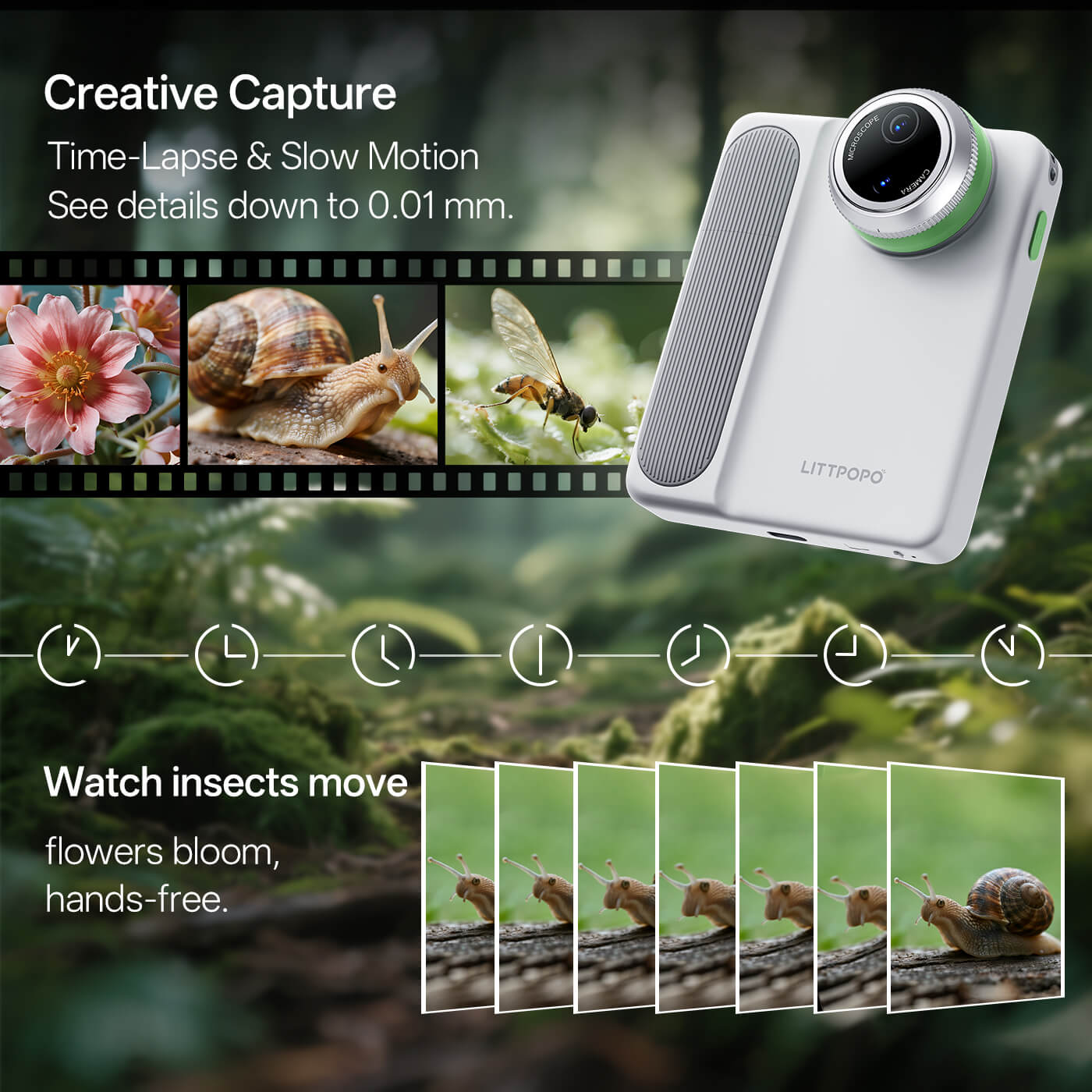 Camera device with green lens on a natural background, showcasing time-lapse and slow-motion capabilities.