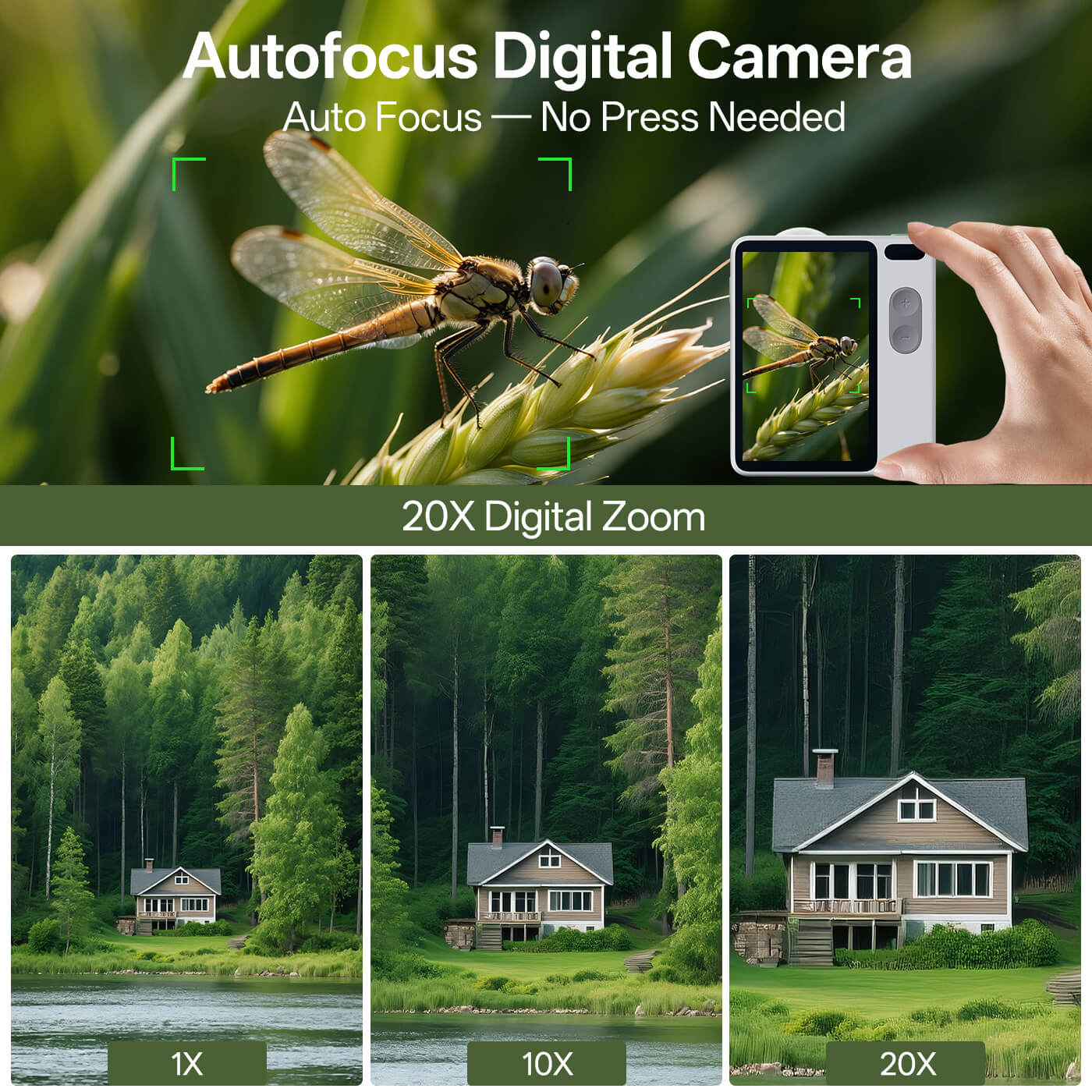 Digital camera with autofocus feature and 20X digital zoom capability, showing a dragonfly and a house.