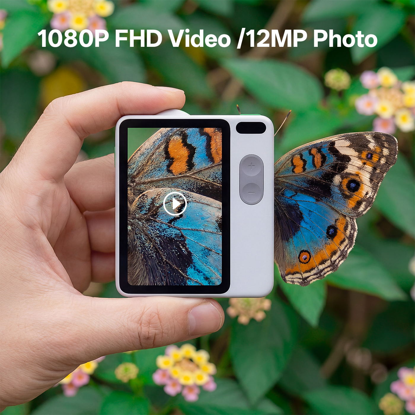 A hand holds a compact Littpopo camera showing a butterfly on its screen, with a real butterfly in front of green leaves and flowers. Text at the top reads '1080P FHD Video /12MP Photo'.