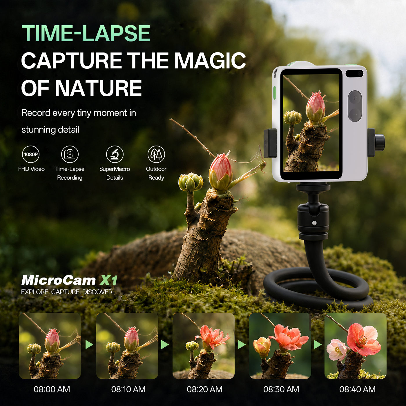 Littpopo MicroCam X1 camera on a flexible black tripod stand, shown in a natural outdoor setting with a mossy log and flowering pink blossoms. The image features promotional text highlighting its time-lapse capabilities and includes a row of six before-and-after time-lapse panels demonstrating the camera's motion capture feature.