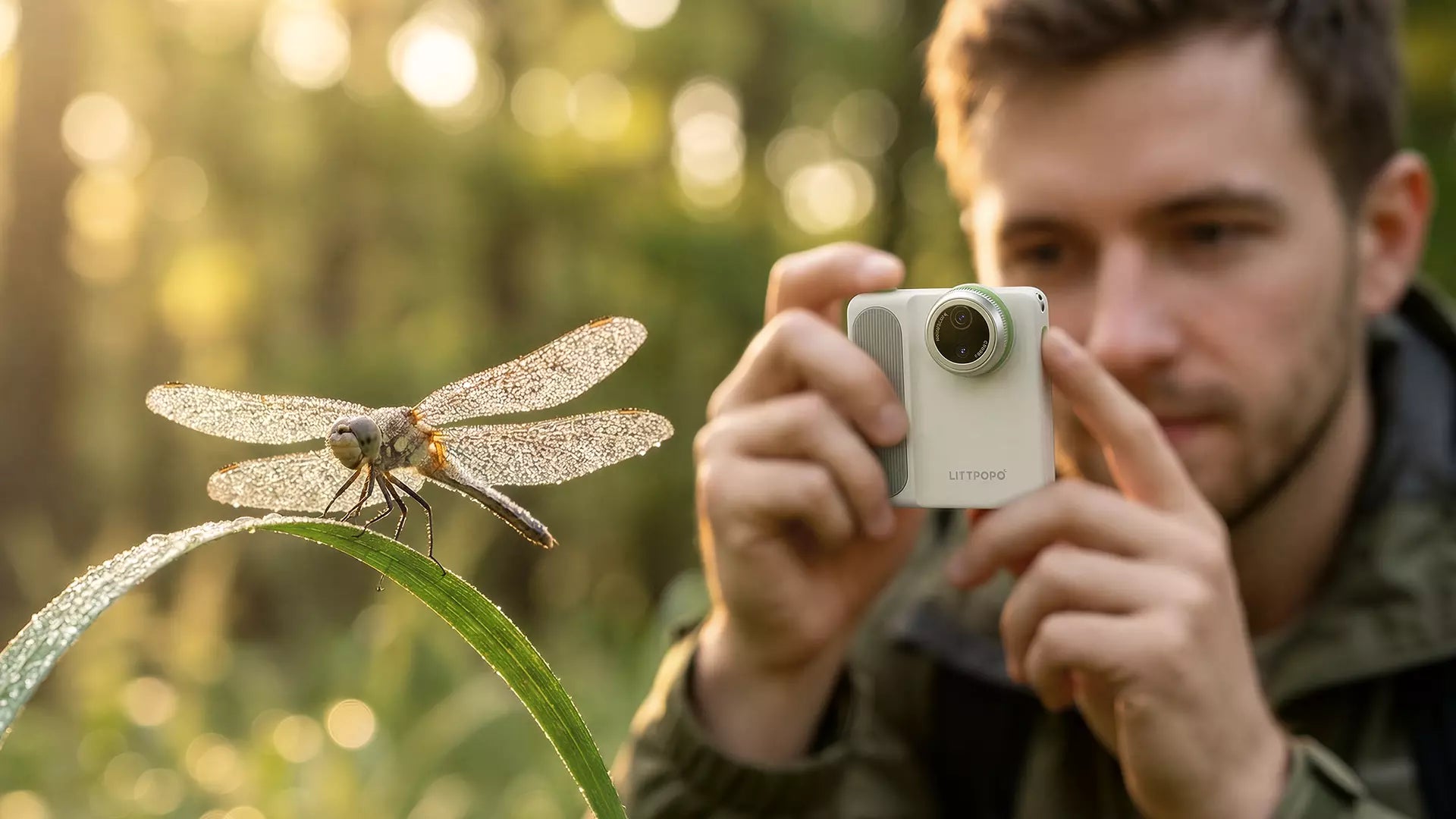 Photographer capturing a dragonfly using a portable macro camera in natural light during outdoor insect macro photography