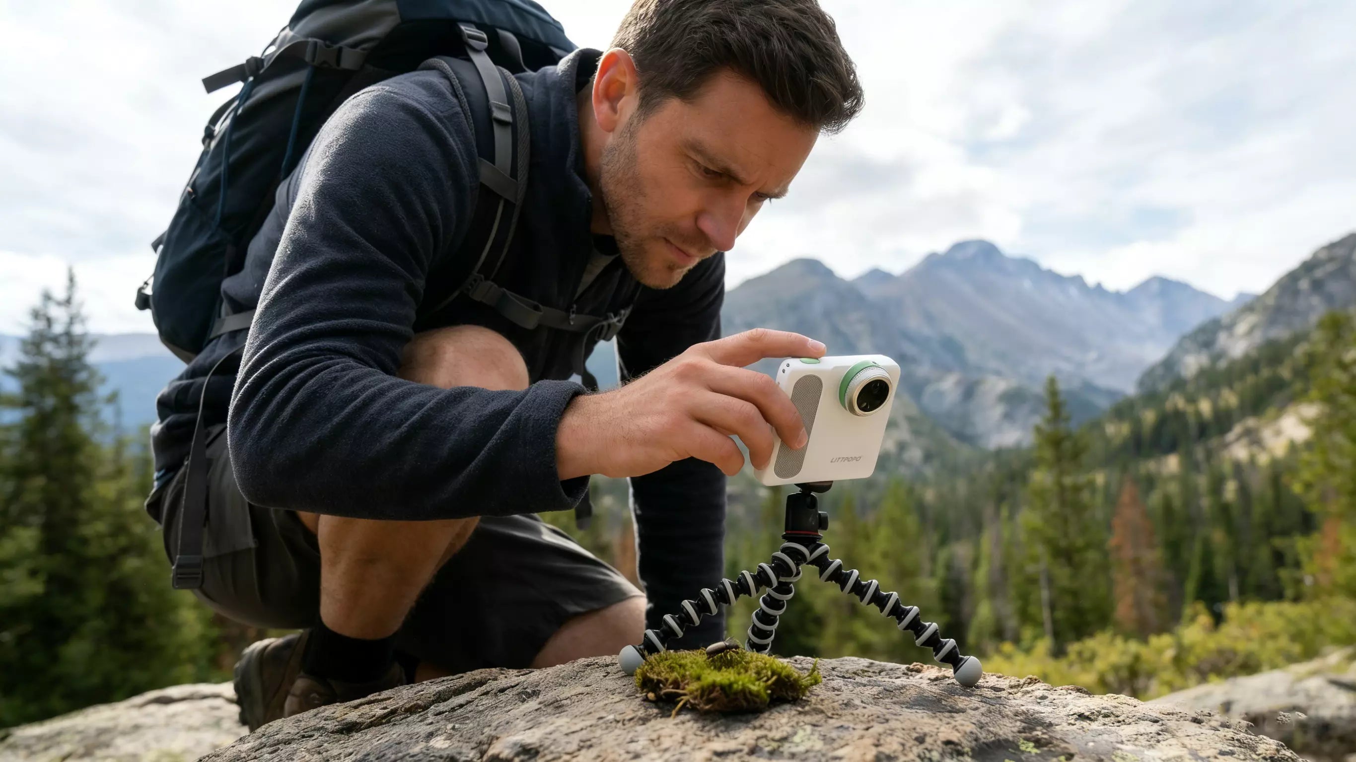 Hiker using Littpopo Microcam X1 portable microscope camera on tripod to capture moss texture outdoors in mountain environment