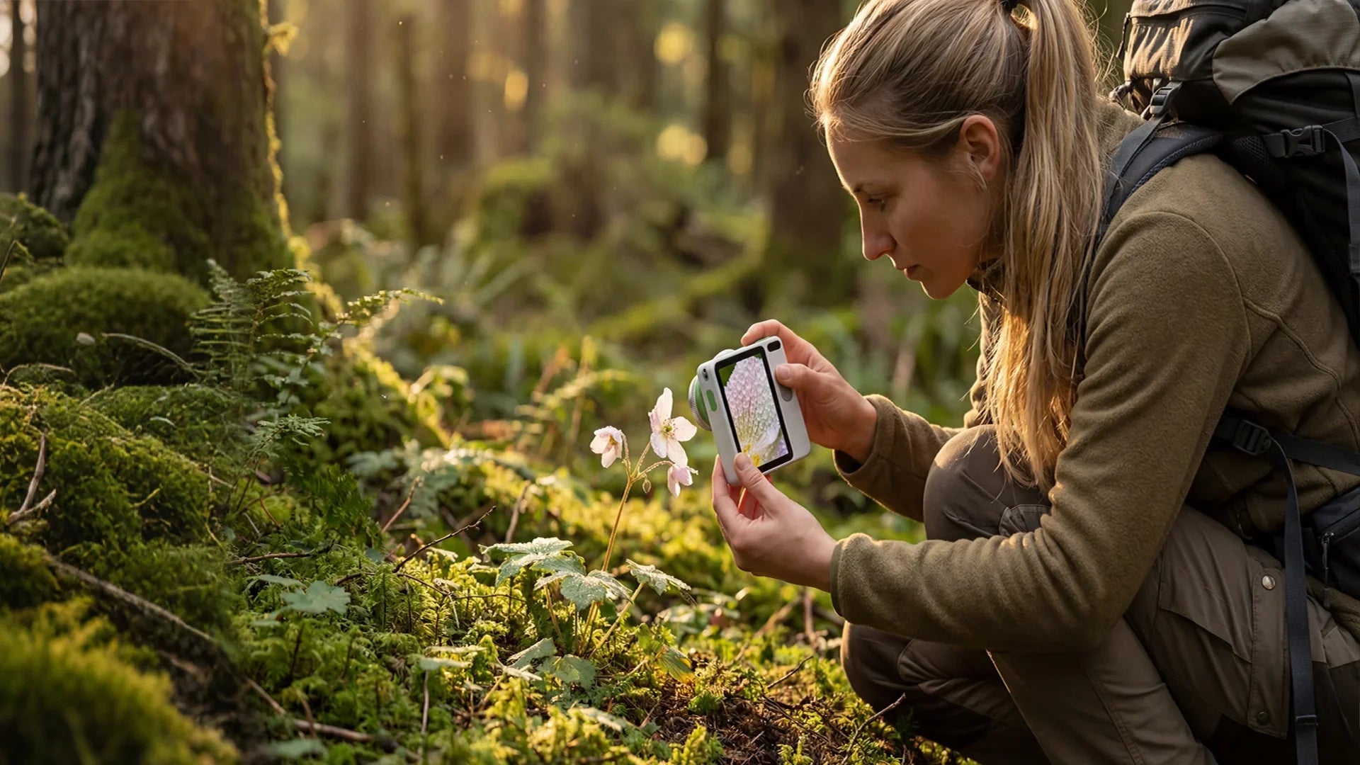A woman crouches in a sunlit forest, holding littpopo camera close to white wildflowers to take a photo. She wears a backpack and outdoor clothing, surrounded by lush green moss and ferns.