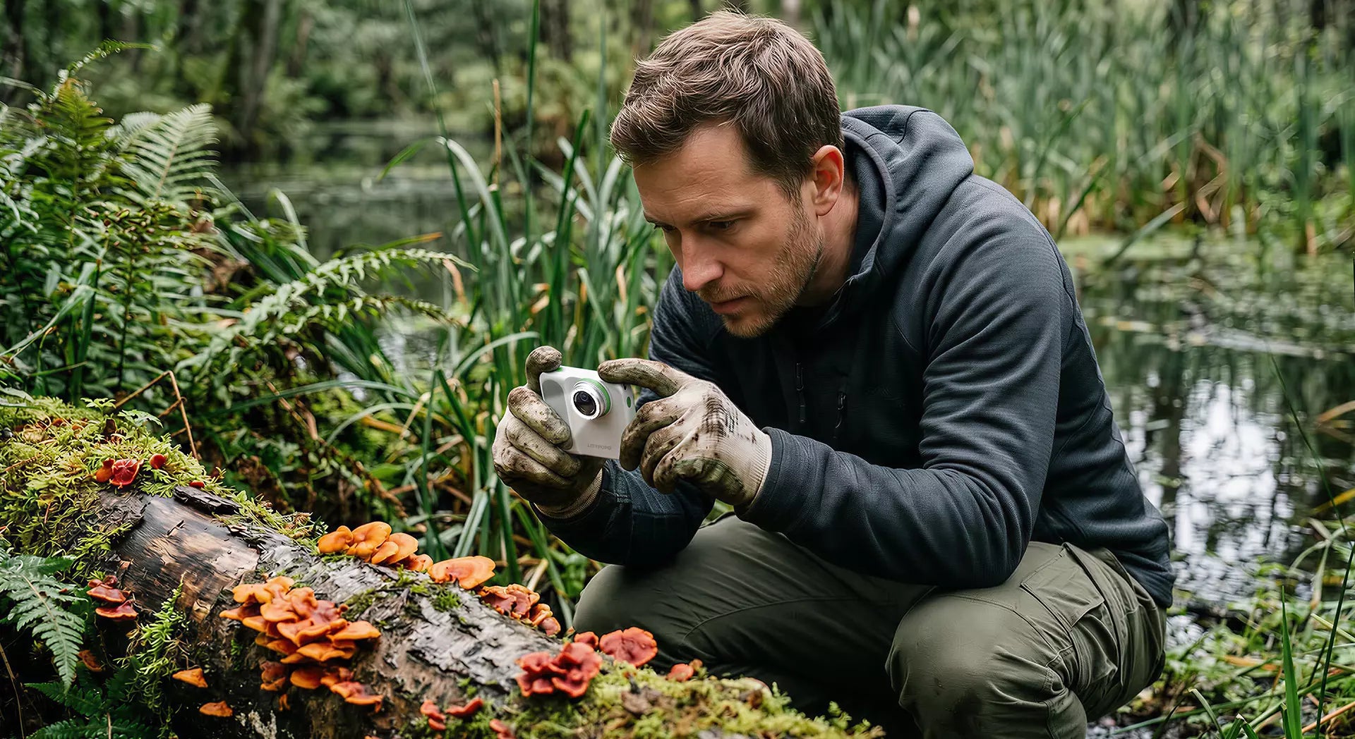 A man in outdoor clothing and gloves crouches by a mossy log covered in orange mushrooms, using a littpopo microcamX1 to take close-up photos in a lush, green wetland area.