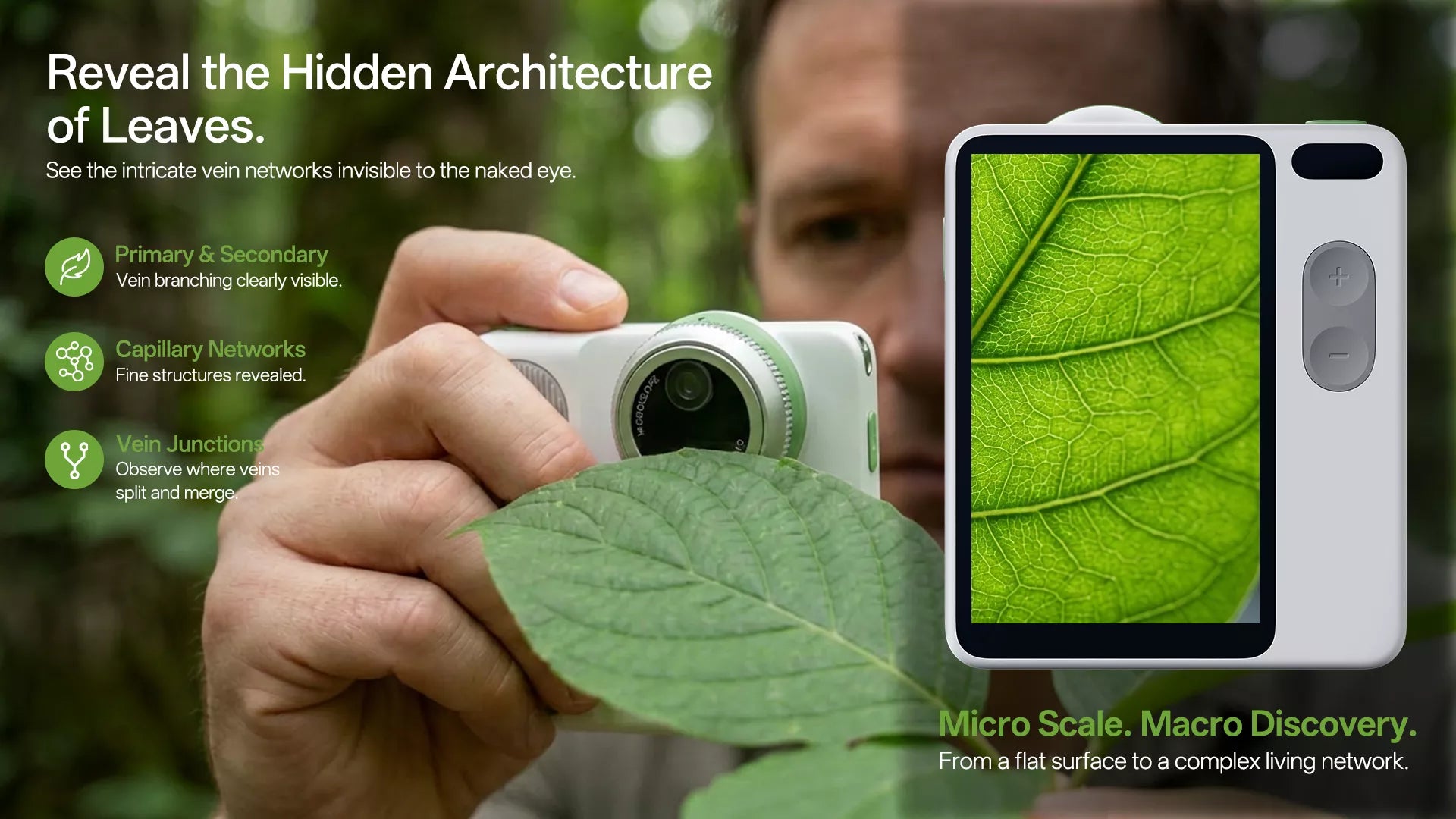 A researcher using a compact white outdoor camera to examine a green leaf up close, with the screen displaying a sharp, magnified image of intricate capillary vein networks.