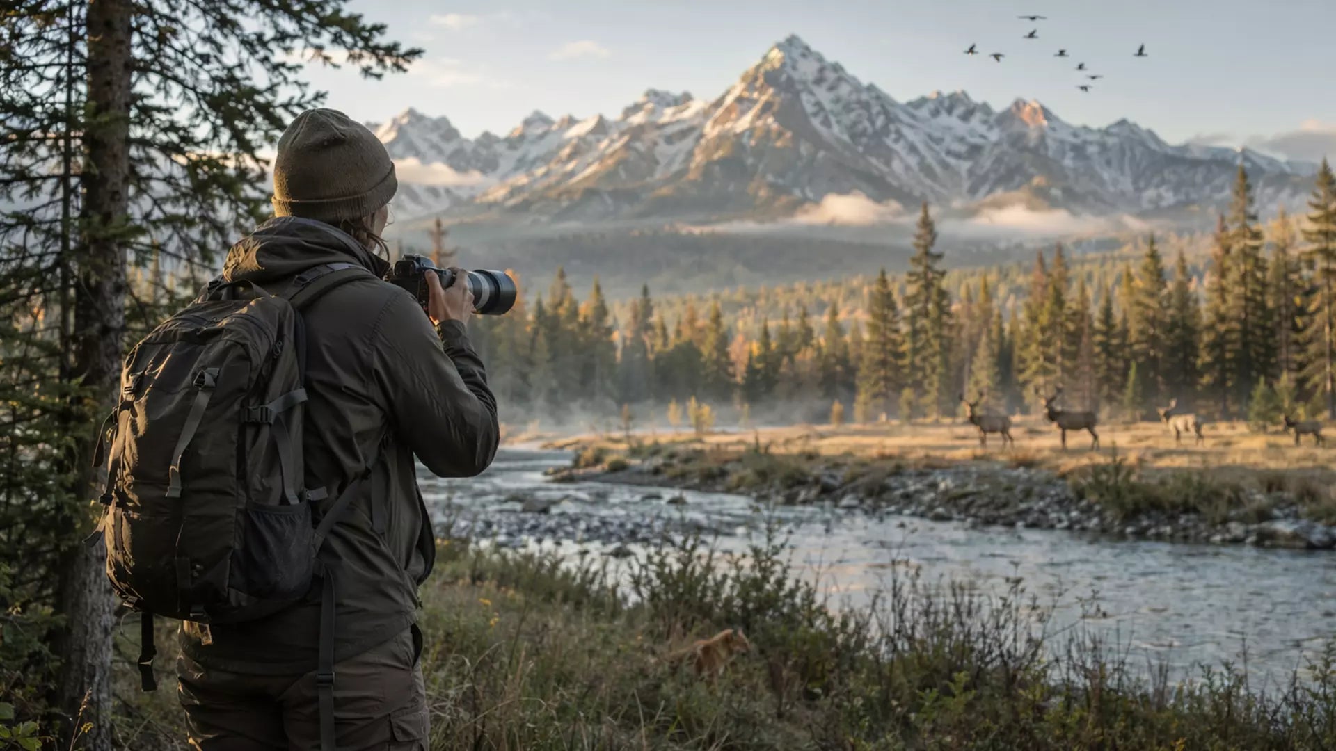A photographer tracking deer by a misty river during golden hour, showcasing the best cameras for nature photography and landscape imaging with snow-capped mountains in the background.