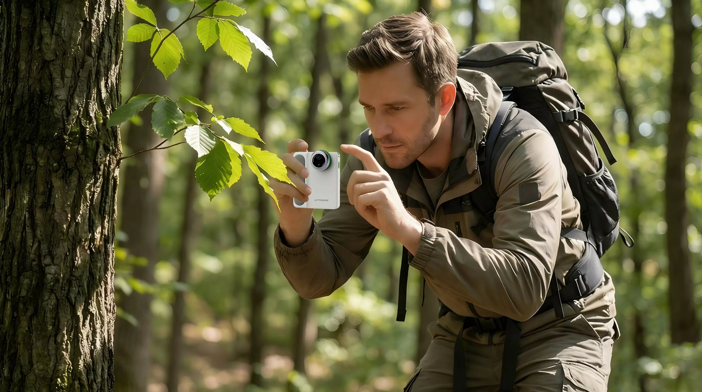 Outdoor photographer stabilizing a portable microscope camera on a forest trail