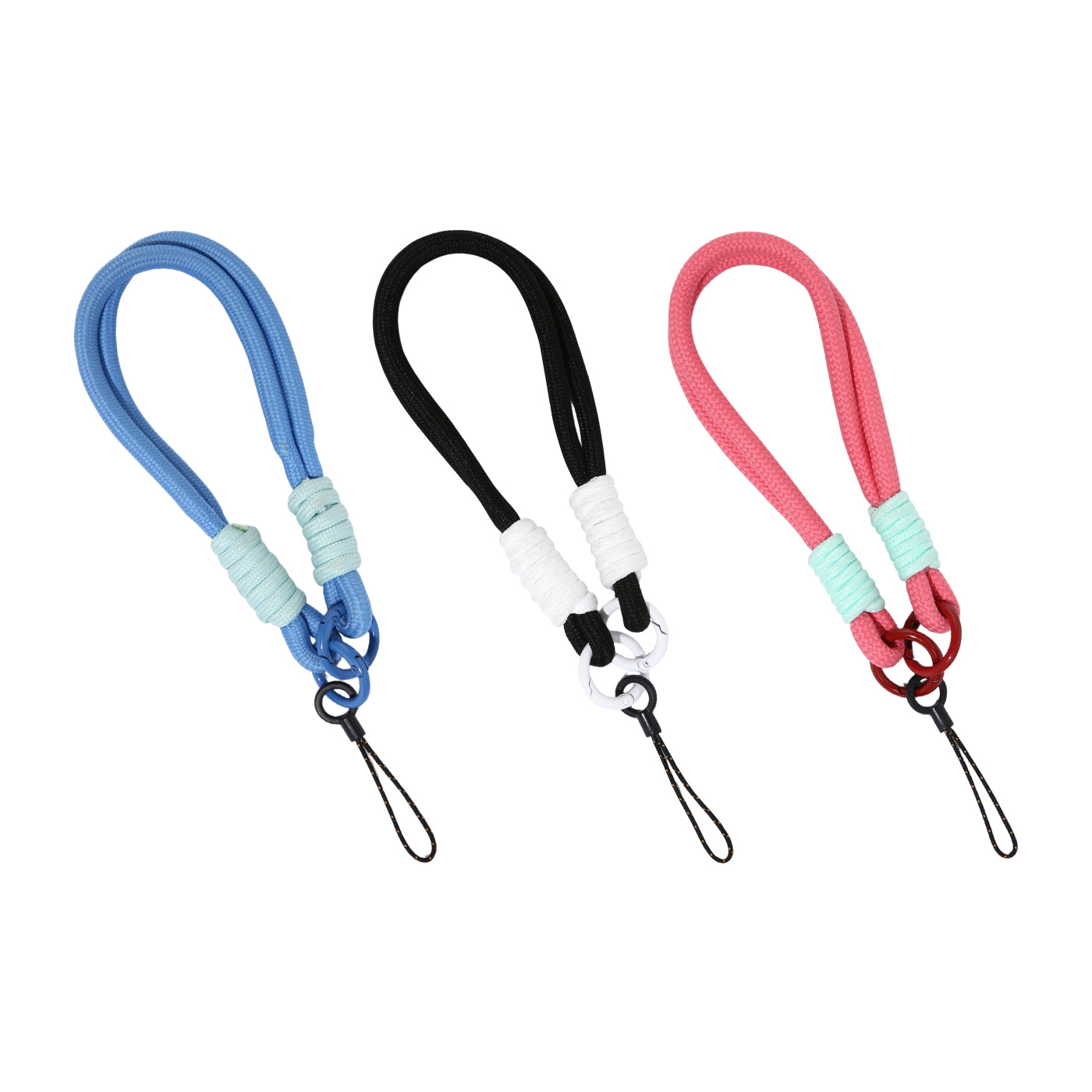 Three colorful lanyards with keychains on a white background