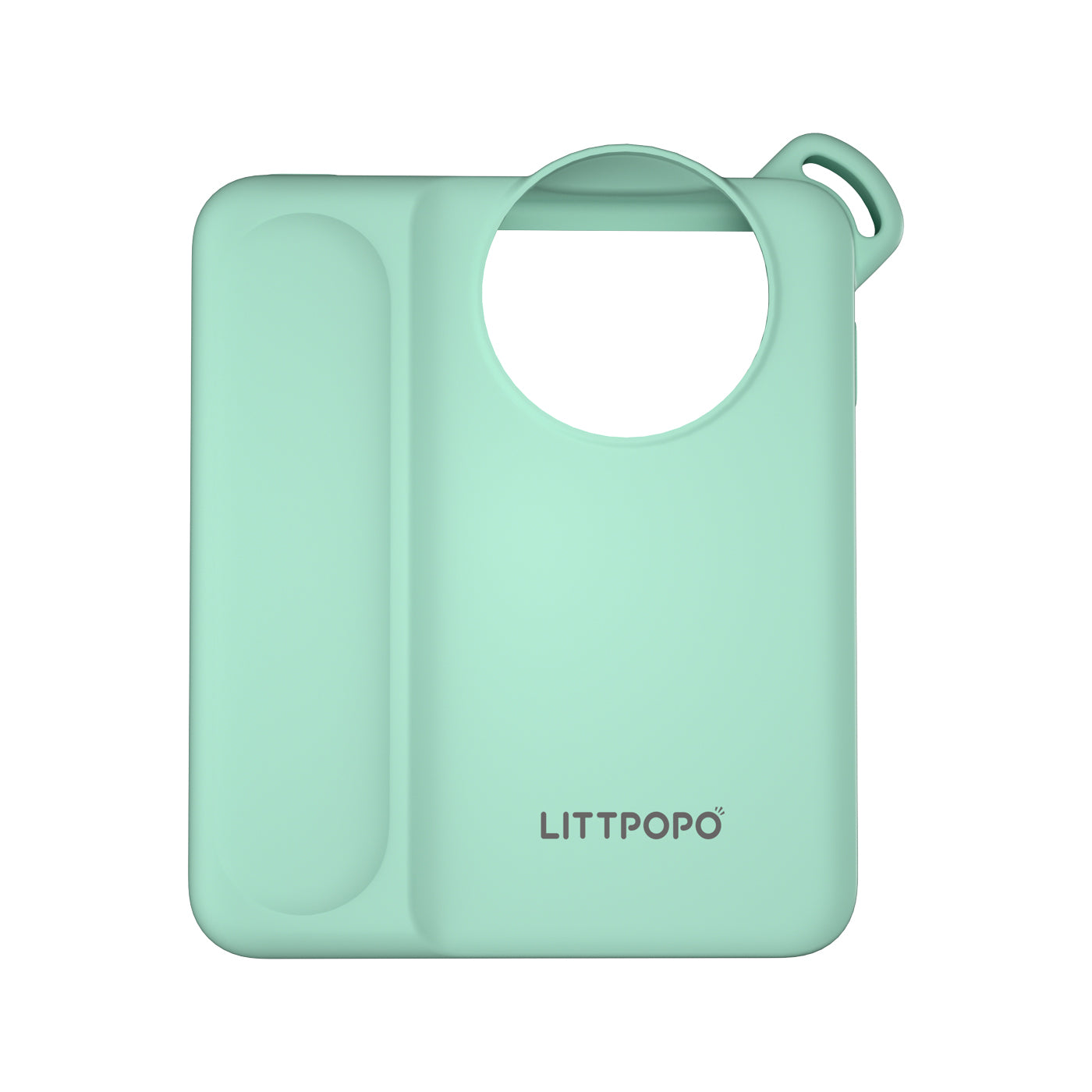 Mint green baby bib with a handle on a white background, featuring the LITTPopo brand.