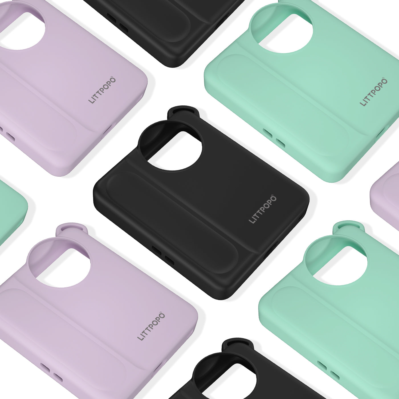 Collage of phone cases in black, purple, and green with 'Littorpo' branding.