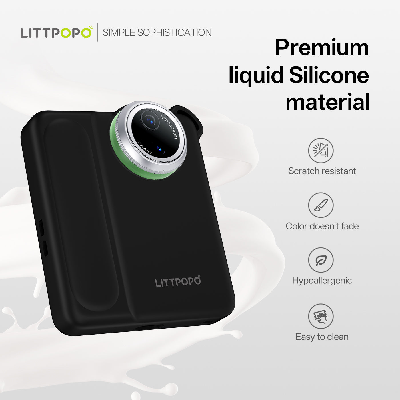 Black phone case with camera lens, LITTOPO branding, and features listed on a white background