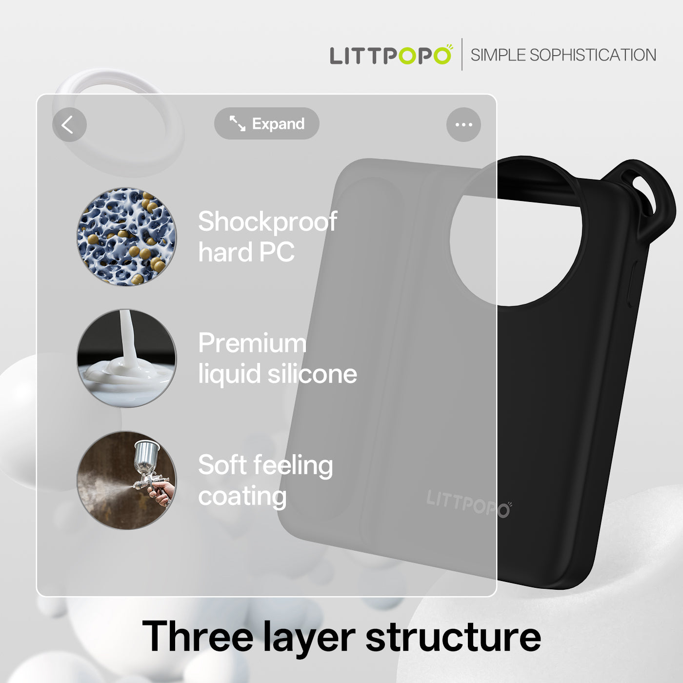Littpopo phone case with features highlighted on a gray background