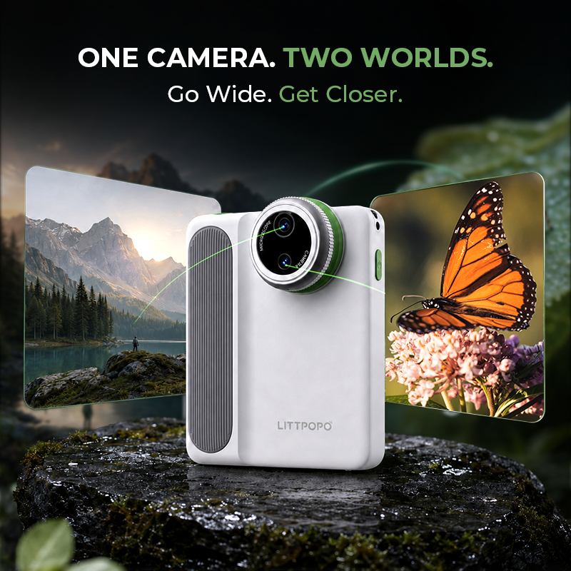 A white Littpopo compact camera with green accent rings is shown on a mossy rock, with two floating screens displaying scenic images: a mountain lake on the left and a butterfly on flowers on the right. Text at the top reads 'ONE CAMERA.