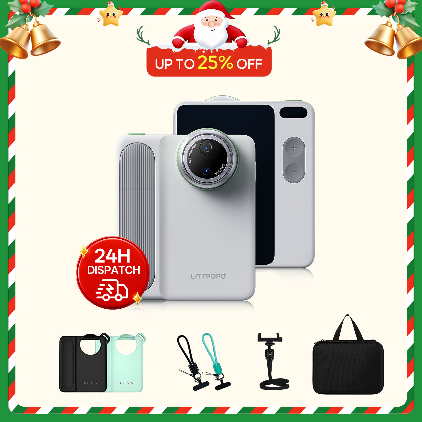 Camera device with accessories on a festive border with Santa Claus and bells, featuring promotional text.