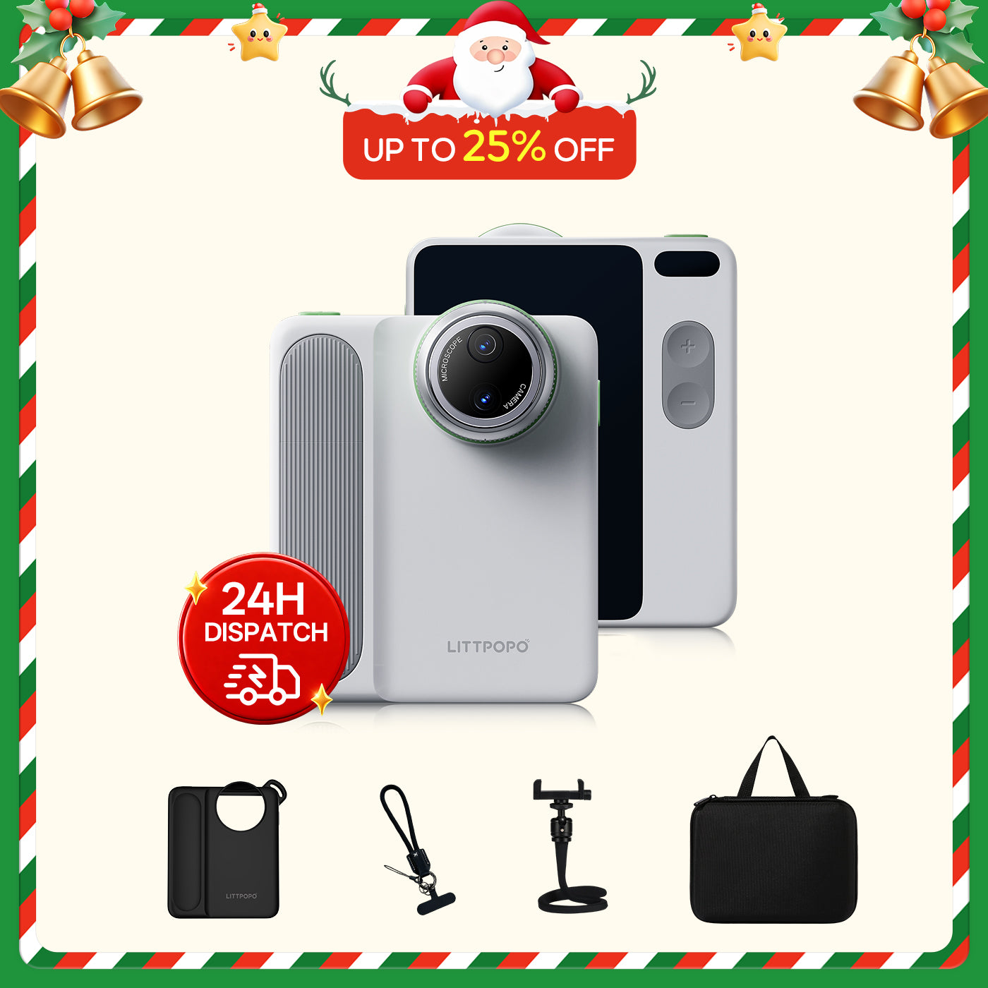 Camera device with accessories on a festive border with promotional text