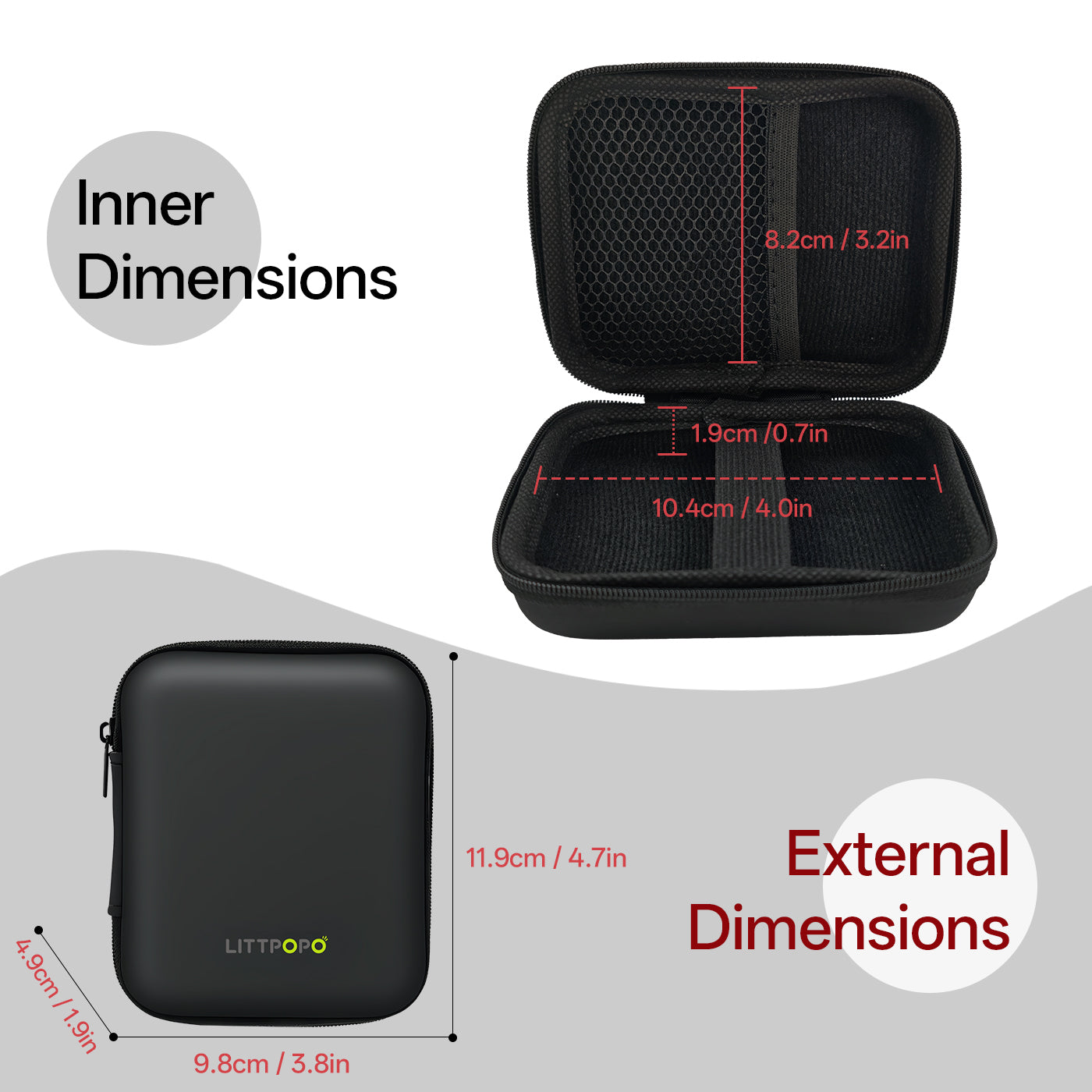 Black hard-shell travel case with measurements on a white background