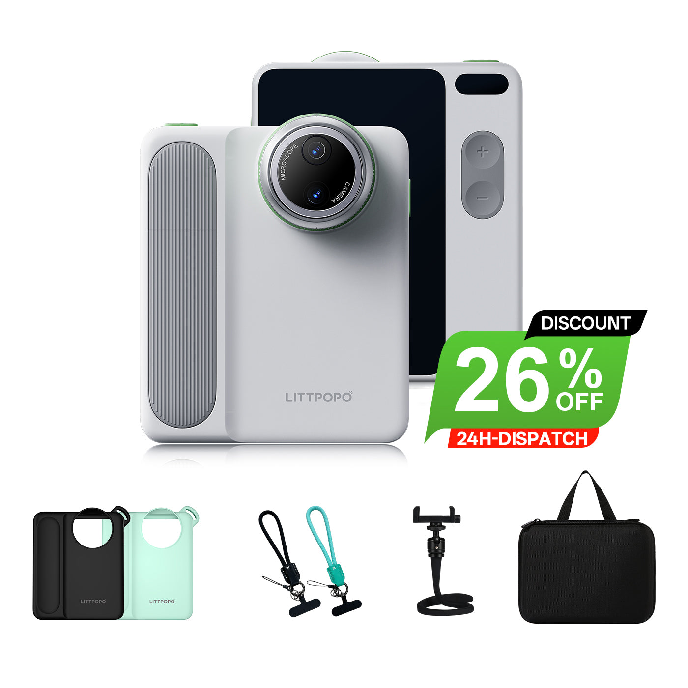 Littpopo camera with accessories and discount offer on a white background