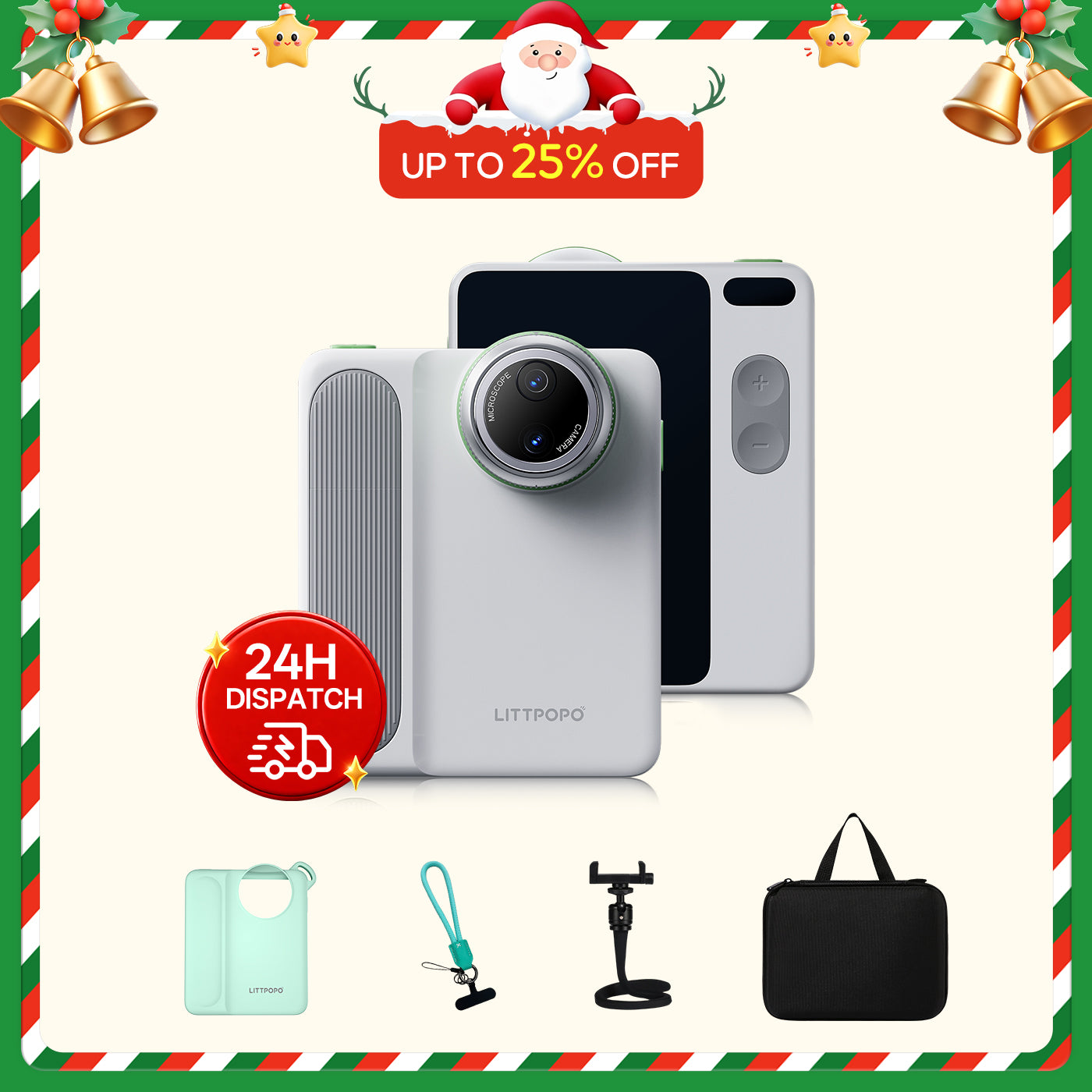 Camera with accessories on a festive background with promotional text