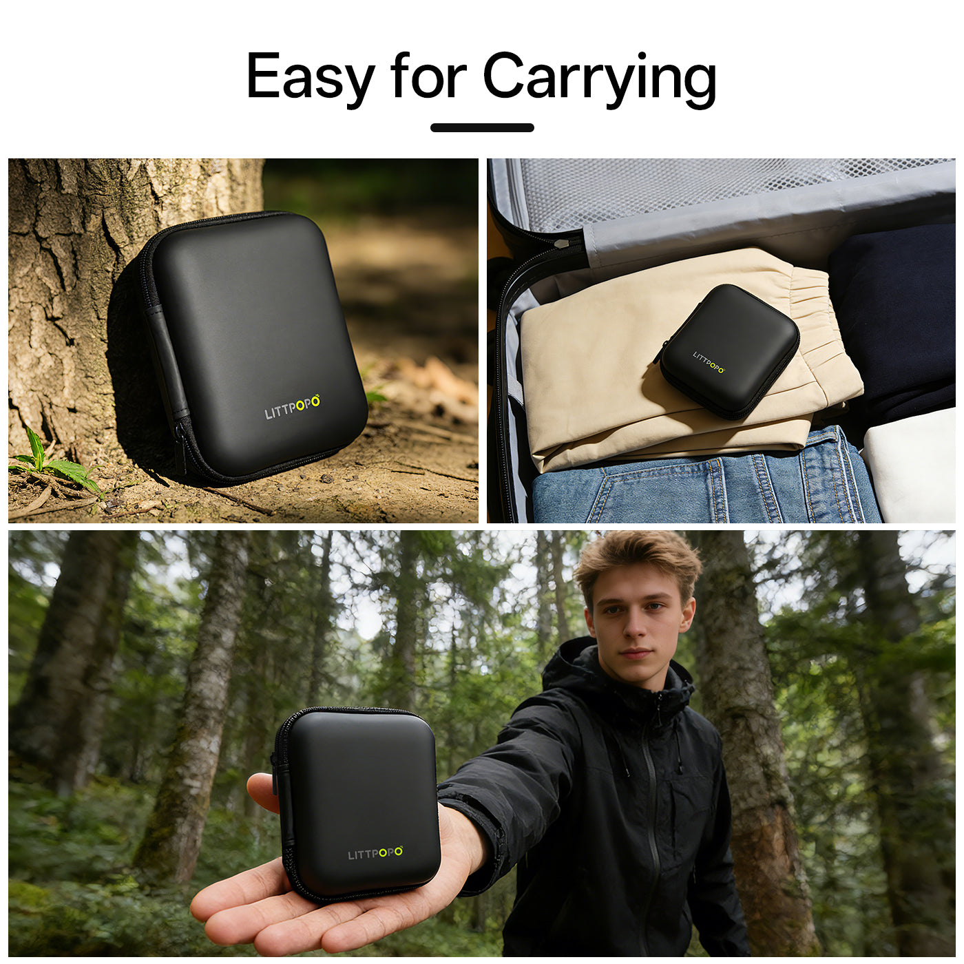 Black carrying case with Littlgo logo shown in various settings: outdoors, inside a vehicle, and held by a person in a forest.