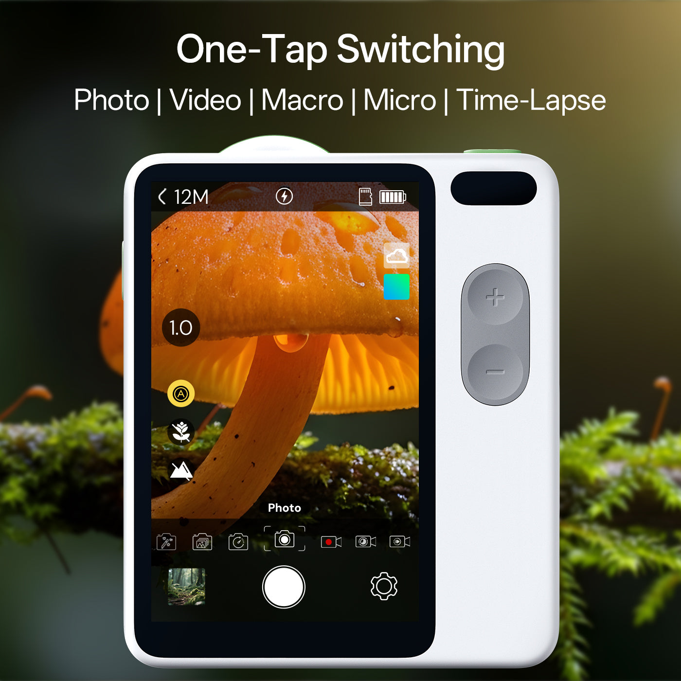 Microcam X1 with camera app open displaying a close-up of a mushroom, with text 'One-Tap Switching Photo | Video | Macro | Micro | Time-Lapse' above.