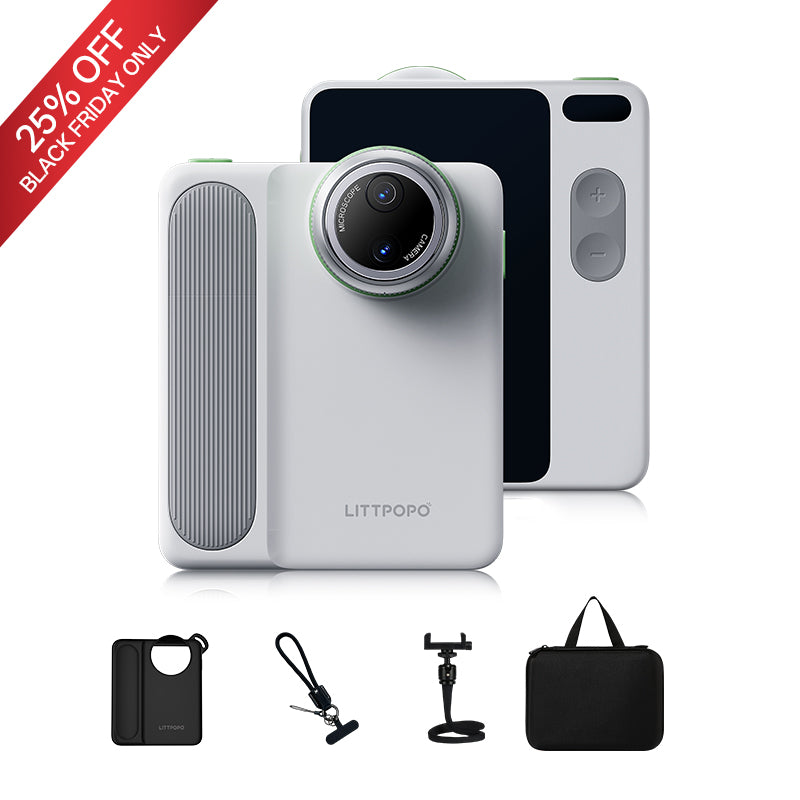 White camera device with accessories on a white background, featuring a 'Black Friday' discount banner.