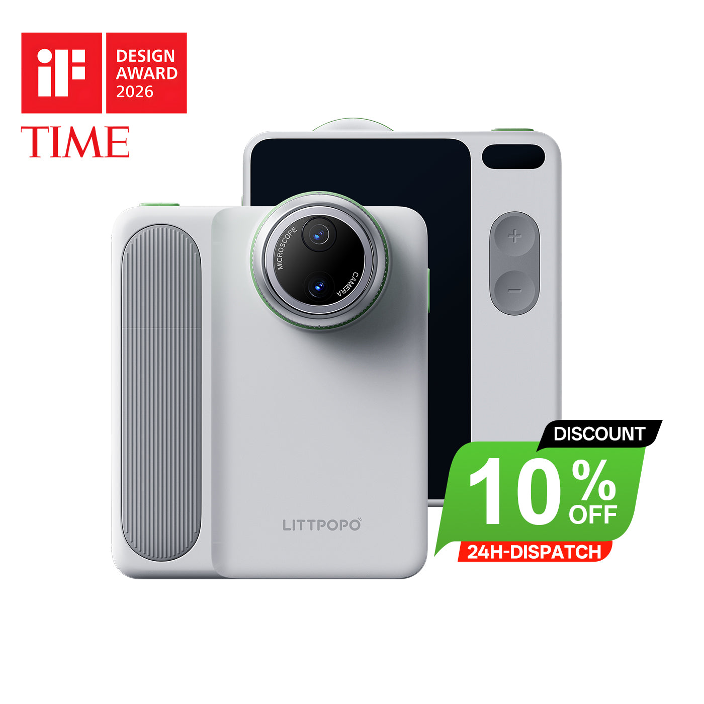 Littpopo camera device on a white background, featuring Littpopo branding and design awards.