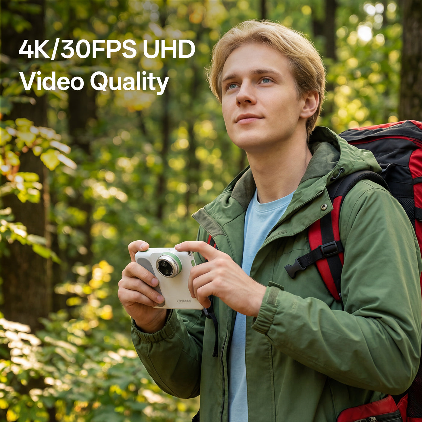 Man in a forest holding a camera with text about video quality